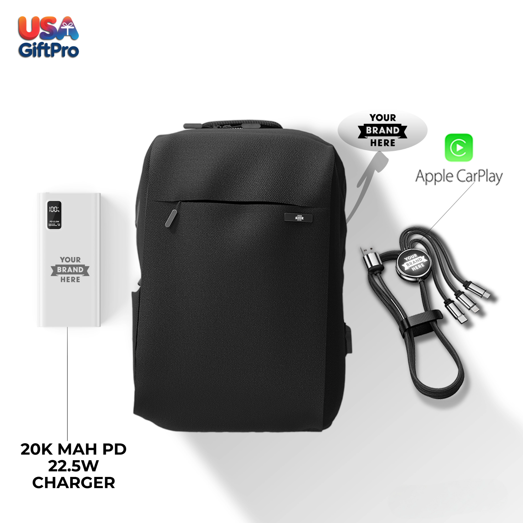 Premium Tech Customizable Backpack Gift Set – Includes Backpack, 20,000mAh Power Bank & 3-in-1 Charging Cable BX-4