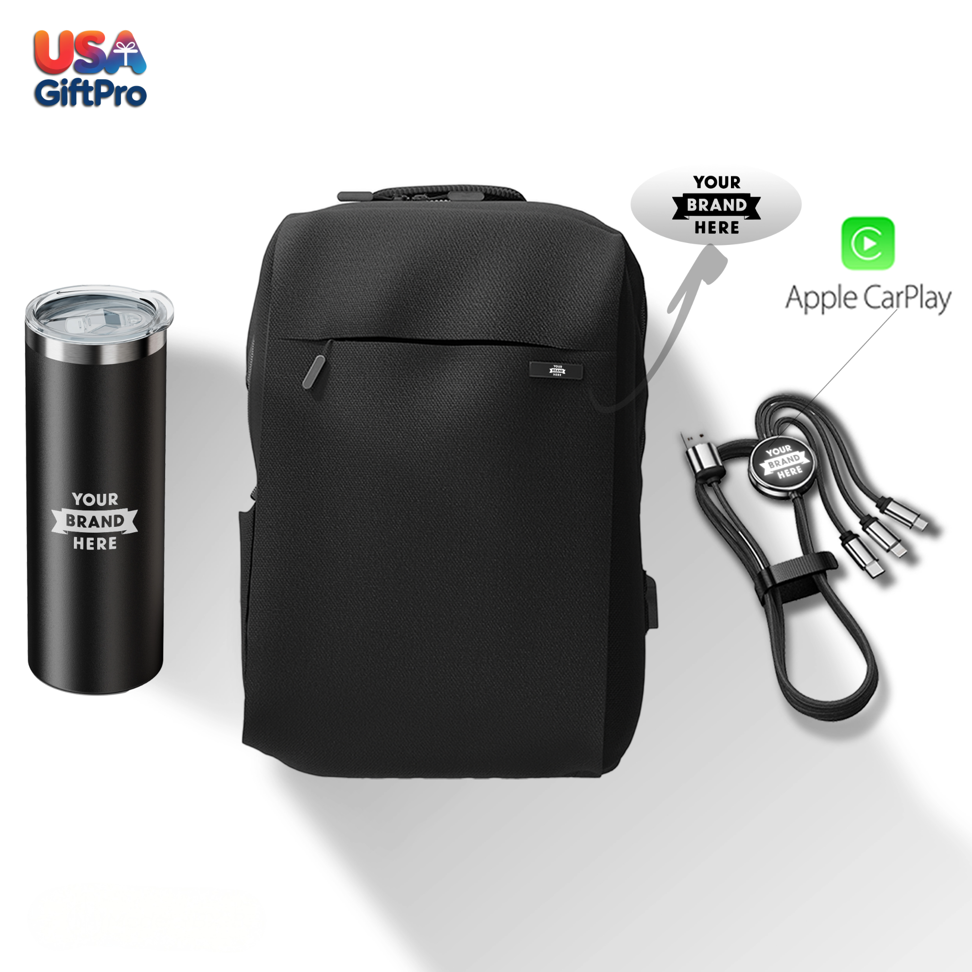 Premium Tech Customizable Backpack Gift Set – Includes Backpack, 16oz Tumbler & 3-in-1 Charging Cable BX-8