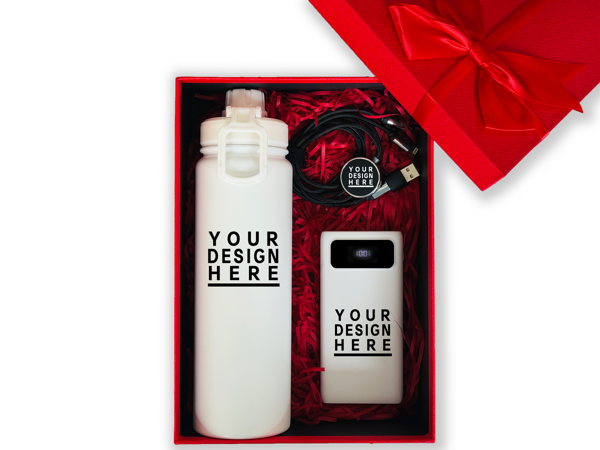 Red Executive Customizable Gift Set – Insulated Thermos, Power Bank & Light-Up Charging Cable (Customizable) CB-2