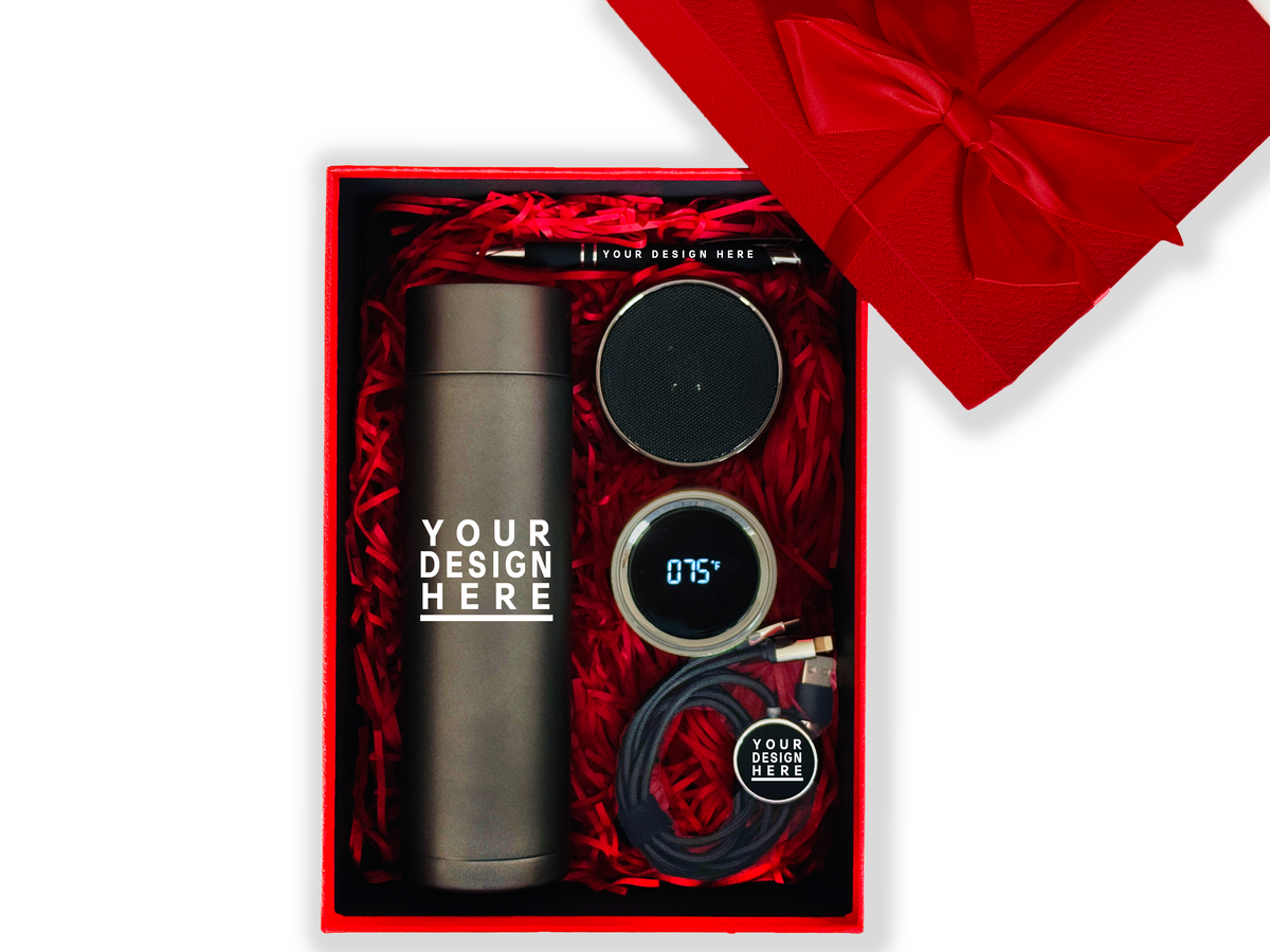 Smart Tech Customizable Gift Set – Includes Thermos, Speaker, Pen & Charging Cable CB-3