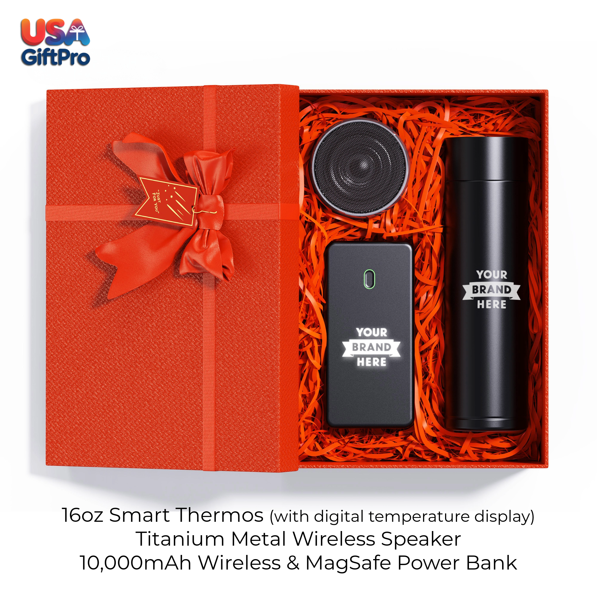 Corporate Customizable Gift Box – Includes 16oz Smart Thermos, 10,000mAh Wireless MagSafe Power Bank & Titanium Metal Wireless Speaker GB-12