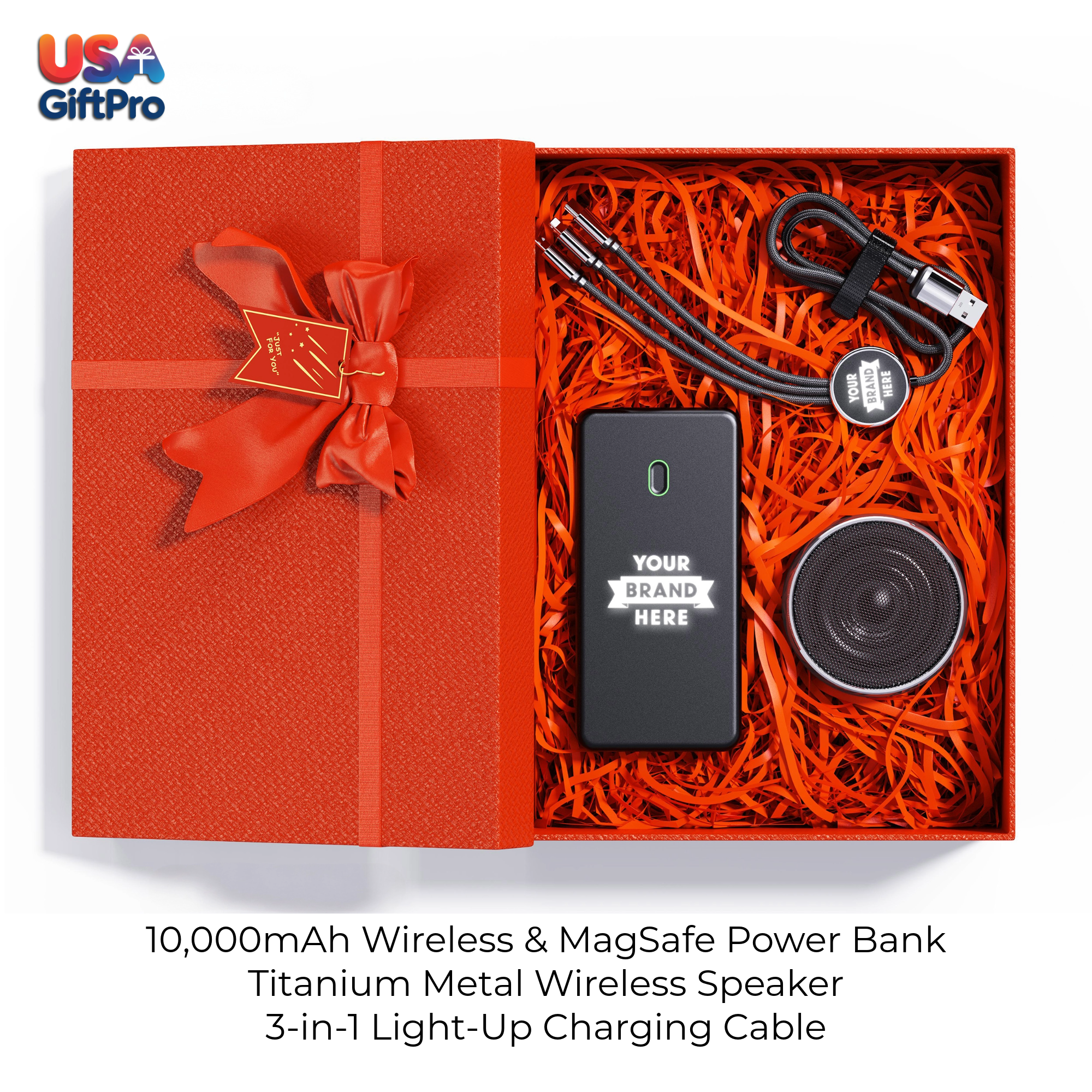 Corporate Customizable Gift Box – Includes 10,000mAh Wireless MagSafe Power Bank, Titanium Metal Wireless Speaker & 3-in-1 Charging Cable GB-17