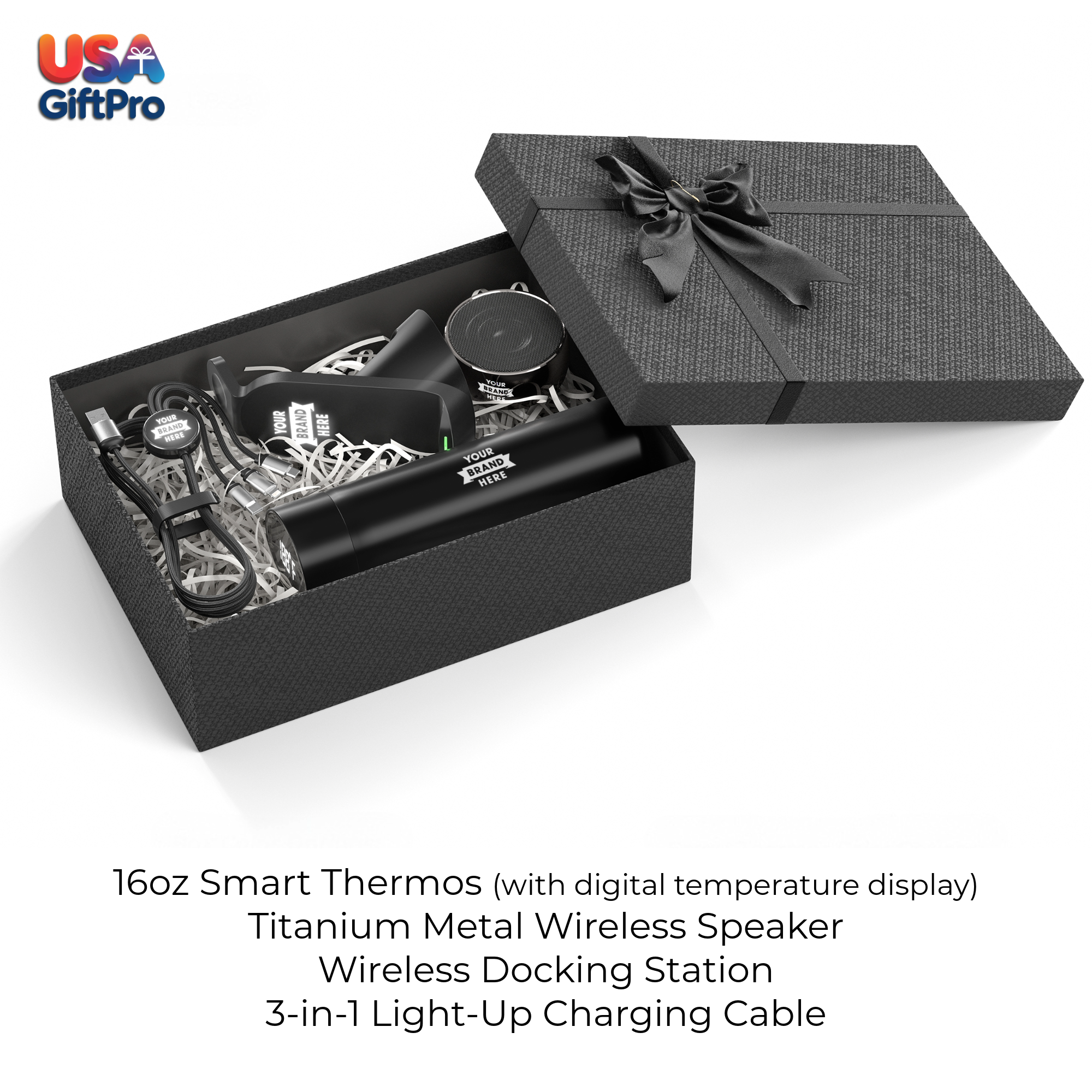 Corporate Customizable Gift Box – Includes 16oz Smart Thermos, Titanium Metal Wireless Speaker, Wireless Docking Station & 3-in-1 Charging Cable GB-24
