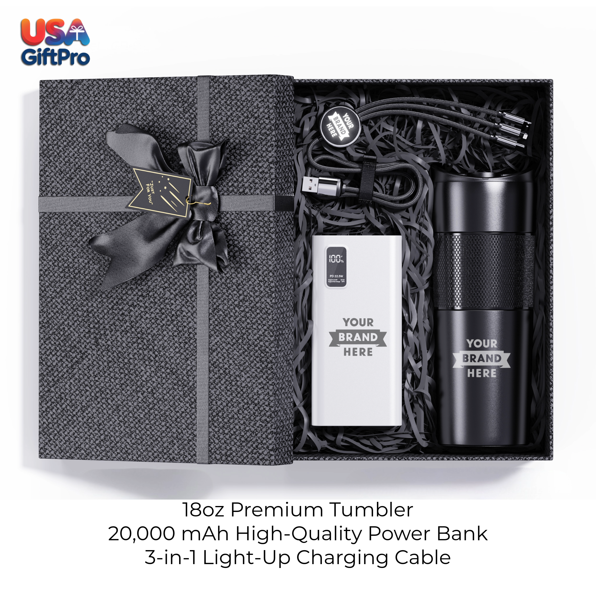 Corporate Customizable Gift Box – Includes 18oz Premium Tumbler, 20,000 mAh Power Bank & 3-in-1 Charging Cable GB-26