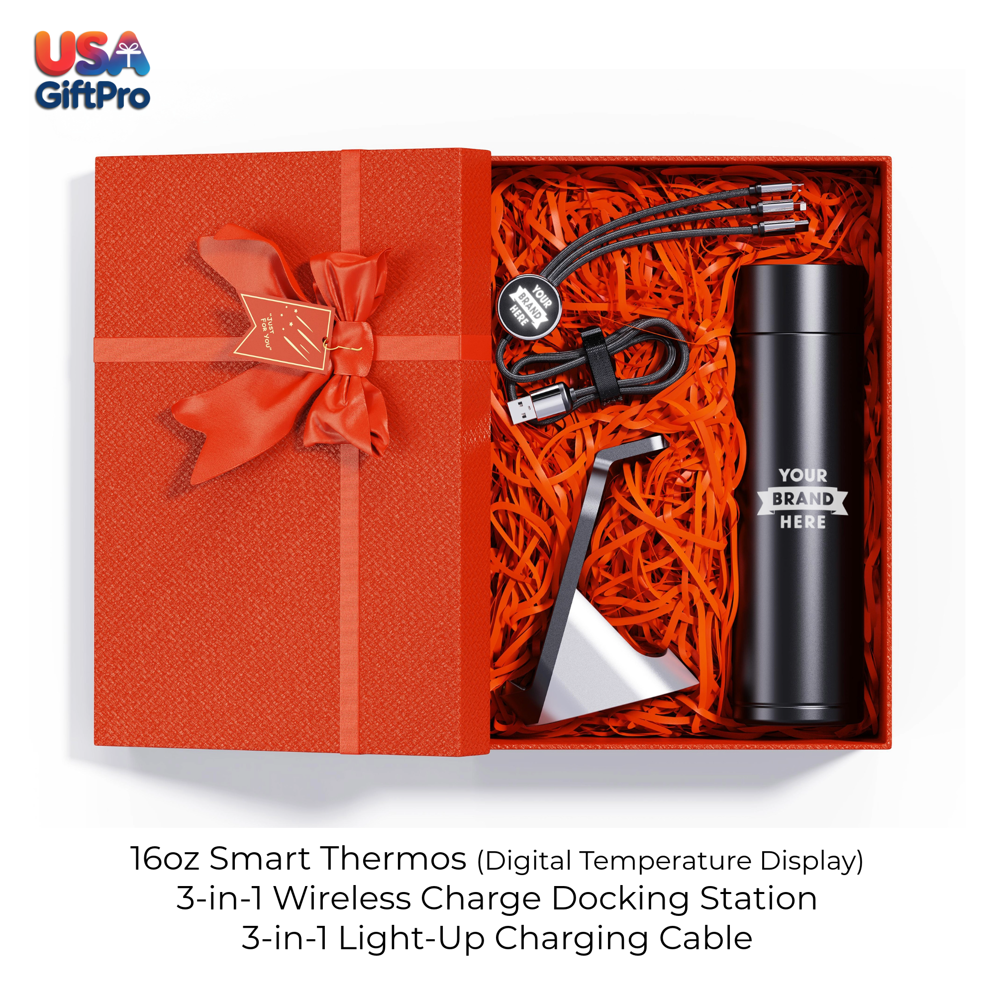 Corporate Customizable Gift Box – Includes 16oz Smart Thermos, 3-in-1 Wireless Charge Docking Station & 3-in-1 Charging Cable GB-3