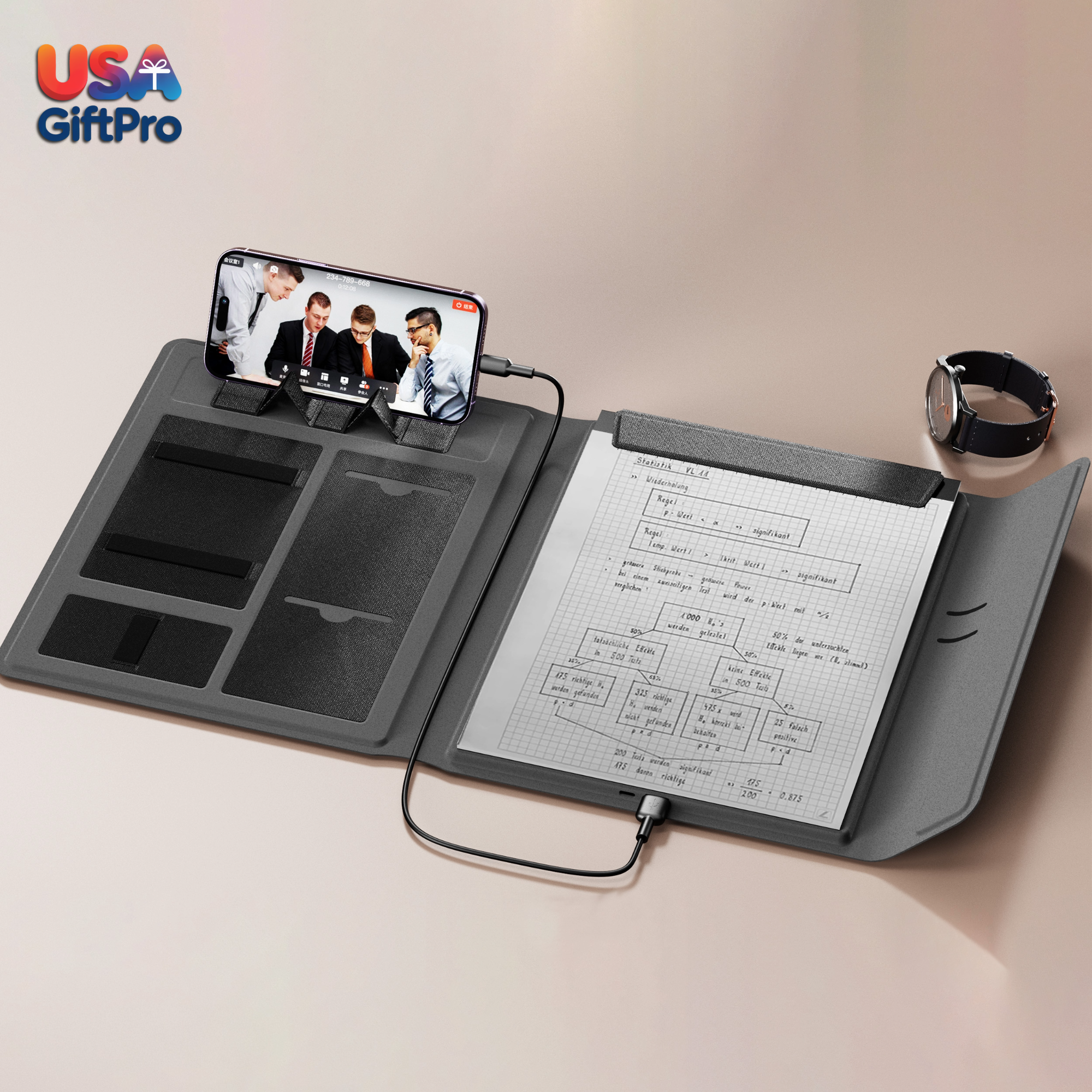 Customizable Portfolio Charger Notebook – Light-Up Charger, 3-in-1 Cable & Premium Pen