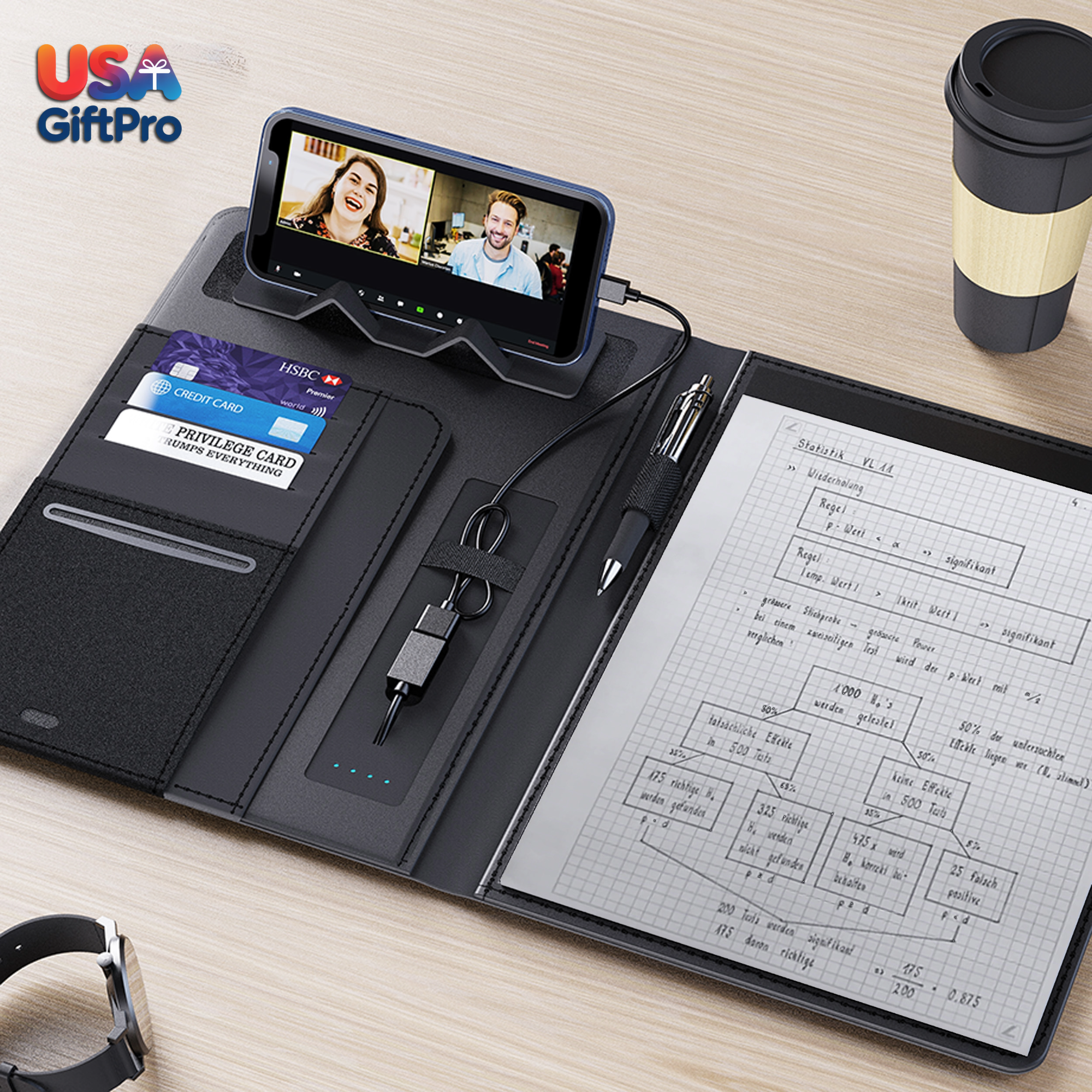 Customizable Light-Up Portfolio Charger Notebook – Includes 3-in-1 Charging Cable & Premium Pen