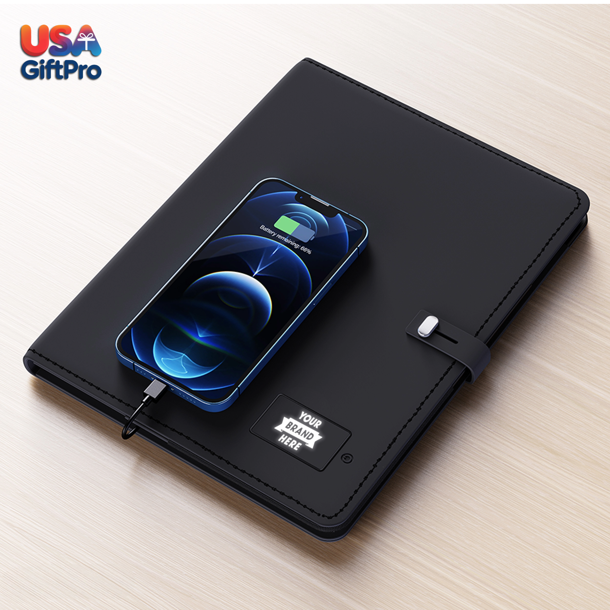 Customizable Light-Up Portfolio Charger Notebook – Includes 3-in-1 Charging Cable & Premium Pen