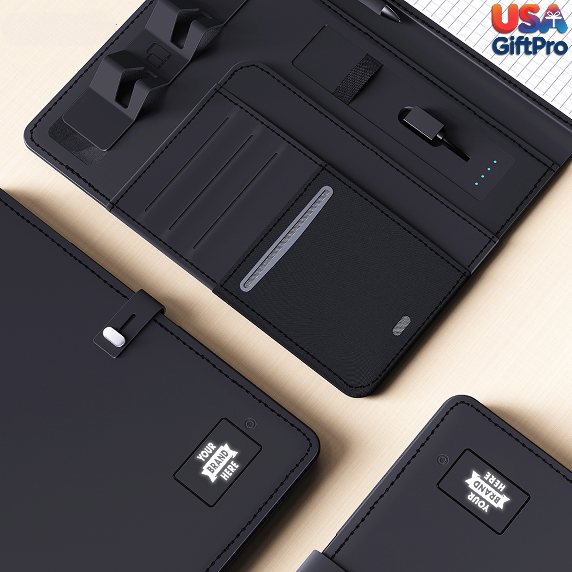Customizable Light-Up Portfolio Charger Notebook – Includes 3-in-1 Charging Cable & Premium Pen
