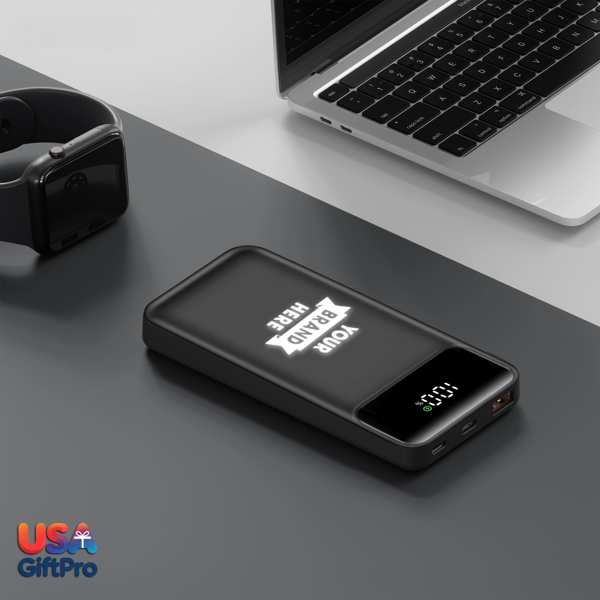 Customizable Black 10,000mAh Portable Charger – Built-in USB-C & iOS Cables, 22.5W PD Fast Charging