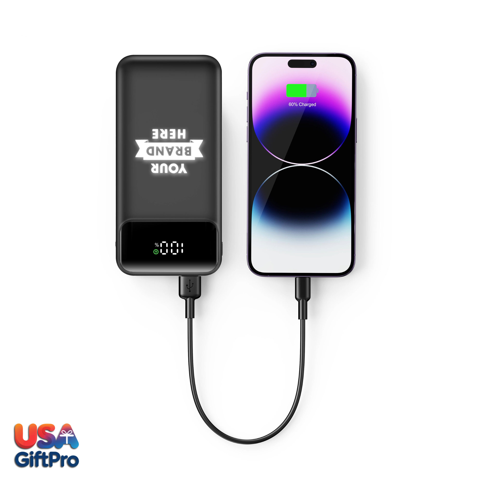Customizable Black 10,000mAh Portable Charger – Built-in USB-C & iOS Cables, 22.5W PD Fast Charging