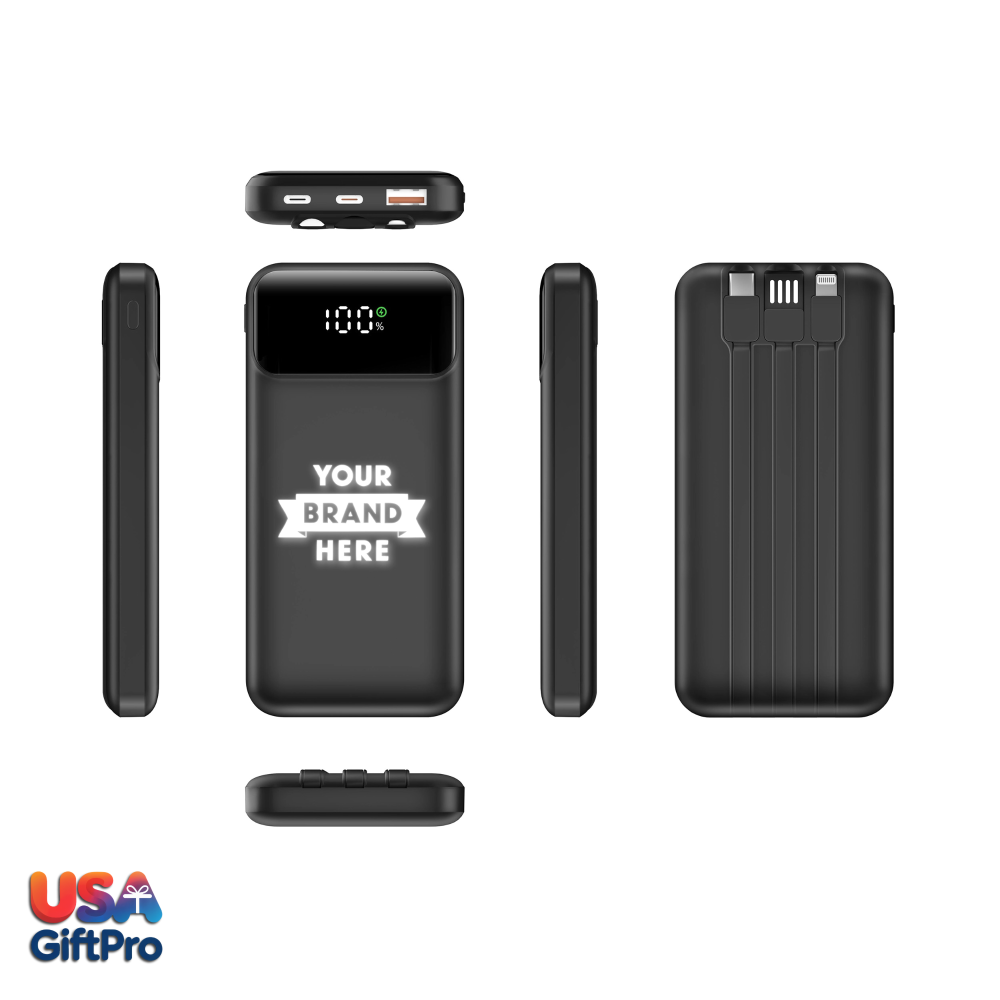 Customizable Black 10,000mAh Portable Charger – Built-in USB-C & iOS Cables, 22.5W PD Fast Charging