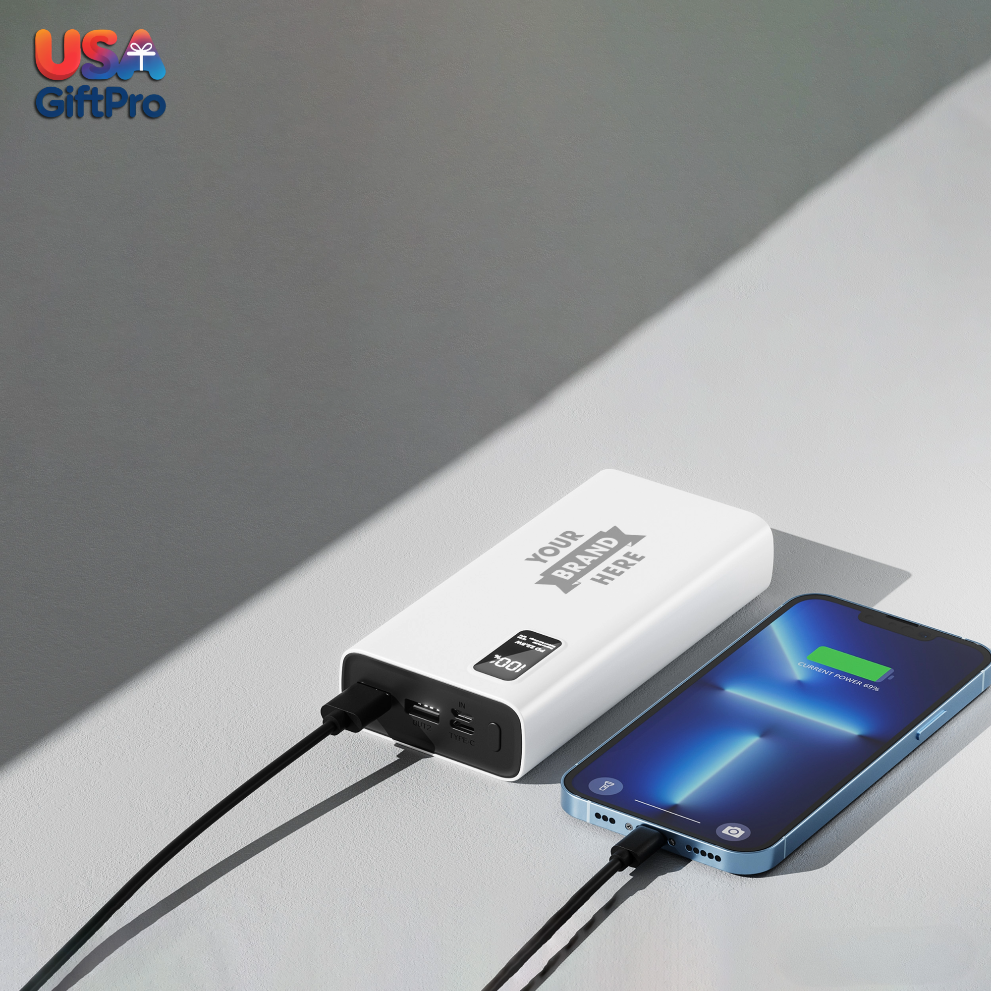 Customizable White 20,000mAh Portable Charger – LCD Display, Dual USB-A & USB-C Output, 22.5W PD Fast Charging