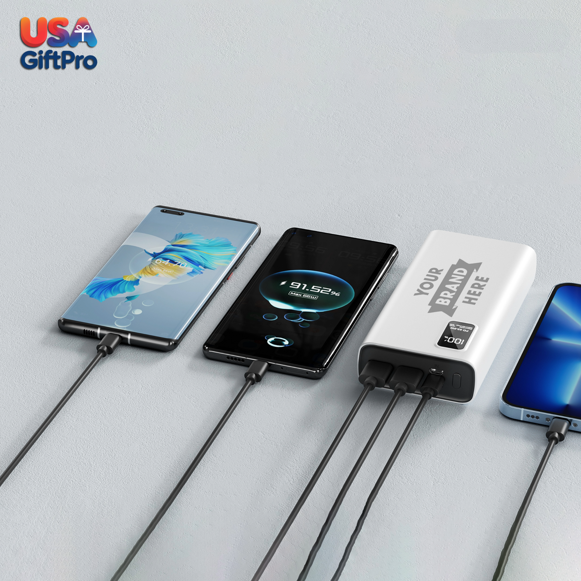 Customizable White 20,000mAh Portable Charger – LCD Display, Dual USB-A & USB-C Output, 22.5W PD Fast Charging