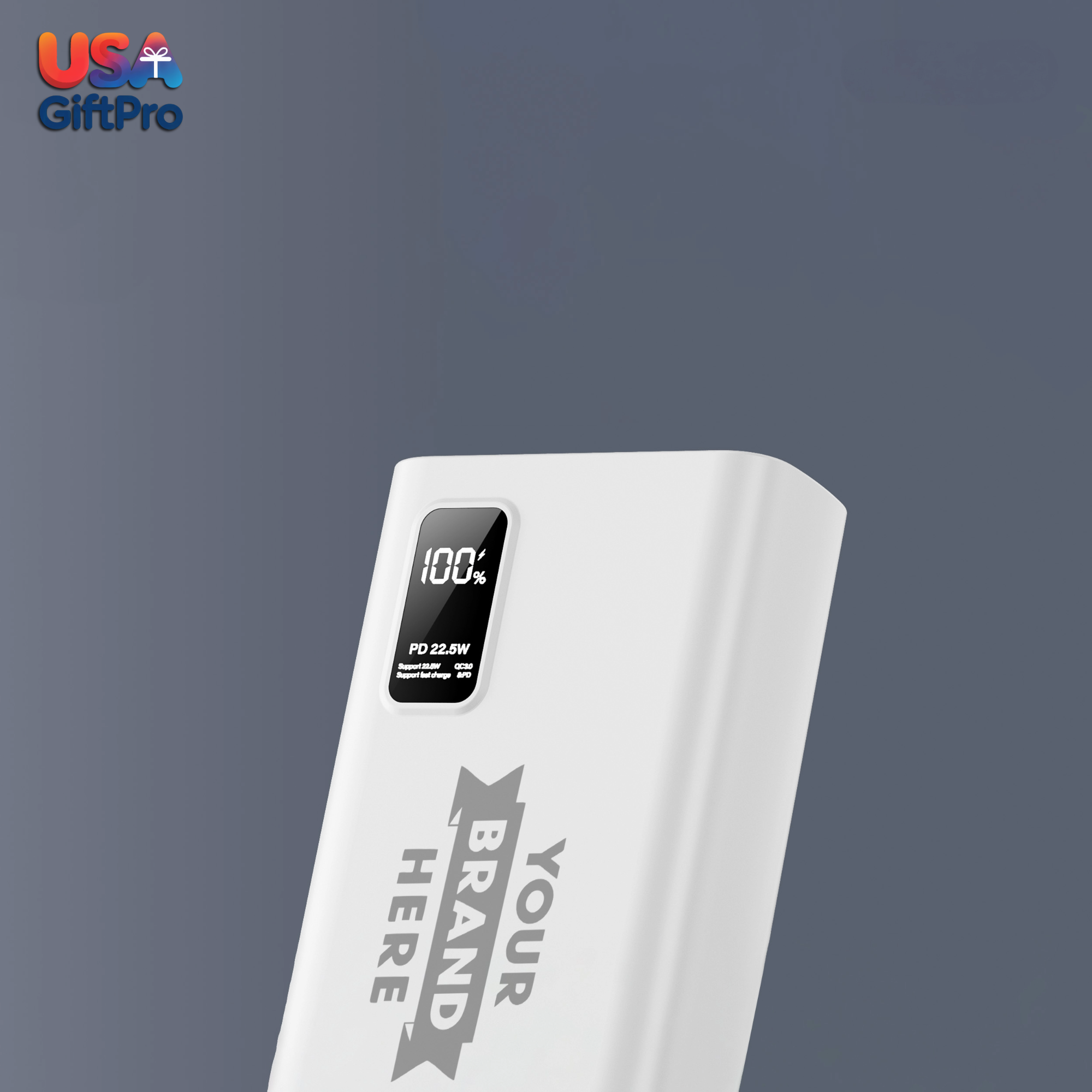 Customizable White 20,000mAh Portable Charger – LCD Display, Dual USB-A & USB-C Output, 22.5W PD Fast Charging