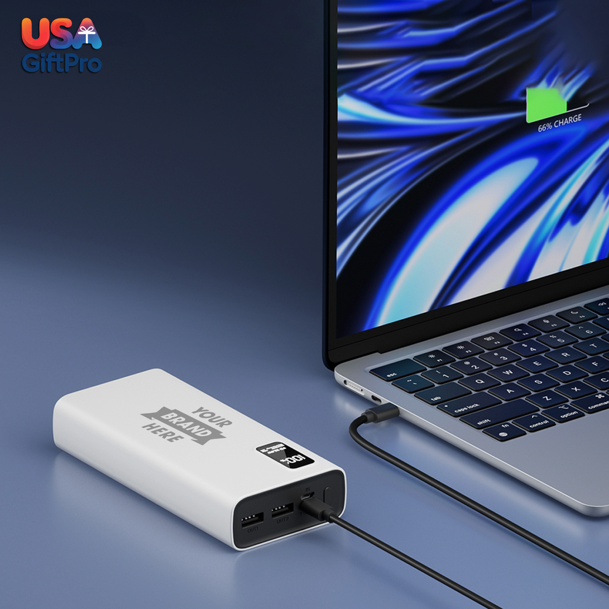 Customizable White 20,000mAh Portable Charger – LCD Display, Dual USB-A & USB-C Output, 22.5W PD Fast Charging