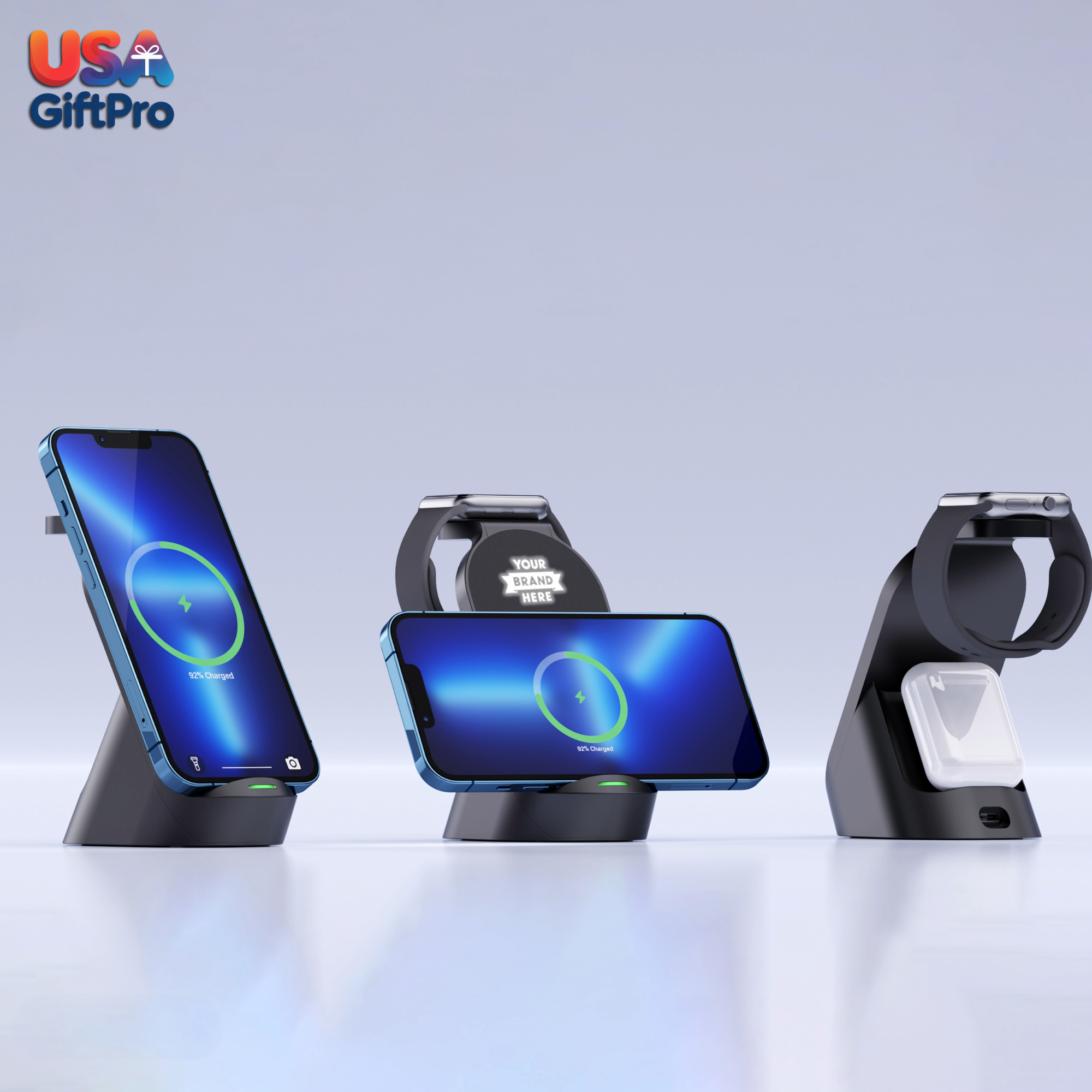 Corporate Customizable Gift Box – Includes 16oz Smart Thermos, Titanium Metal Wireless Speaker, Wireless Docking Station & 3-in-1 Charging Cable GB-24