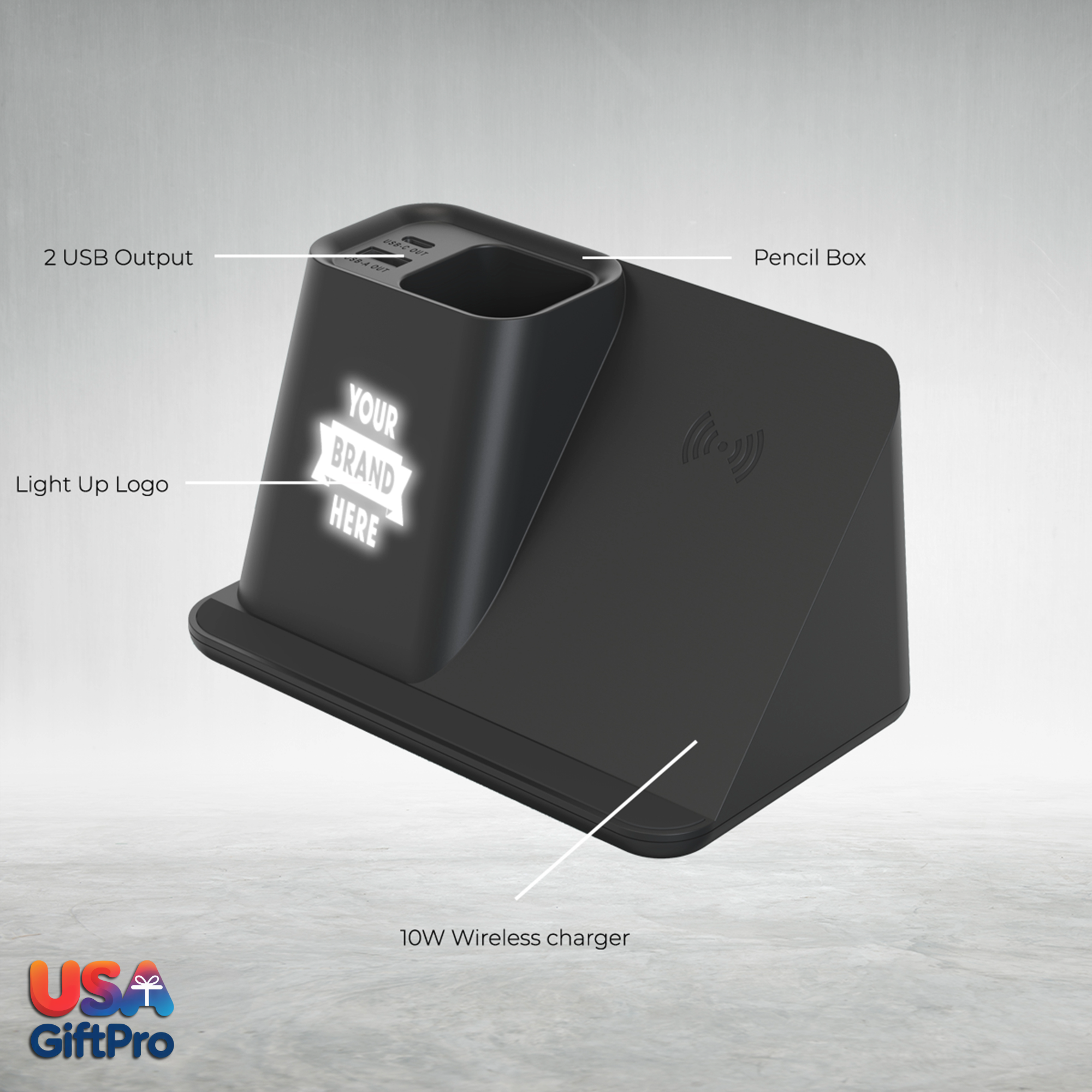 Customizable Desk Organizer with 10W Wireless Charger & Dual USB Outputs