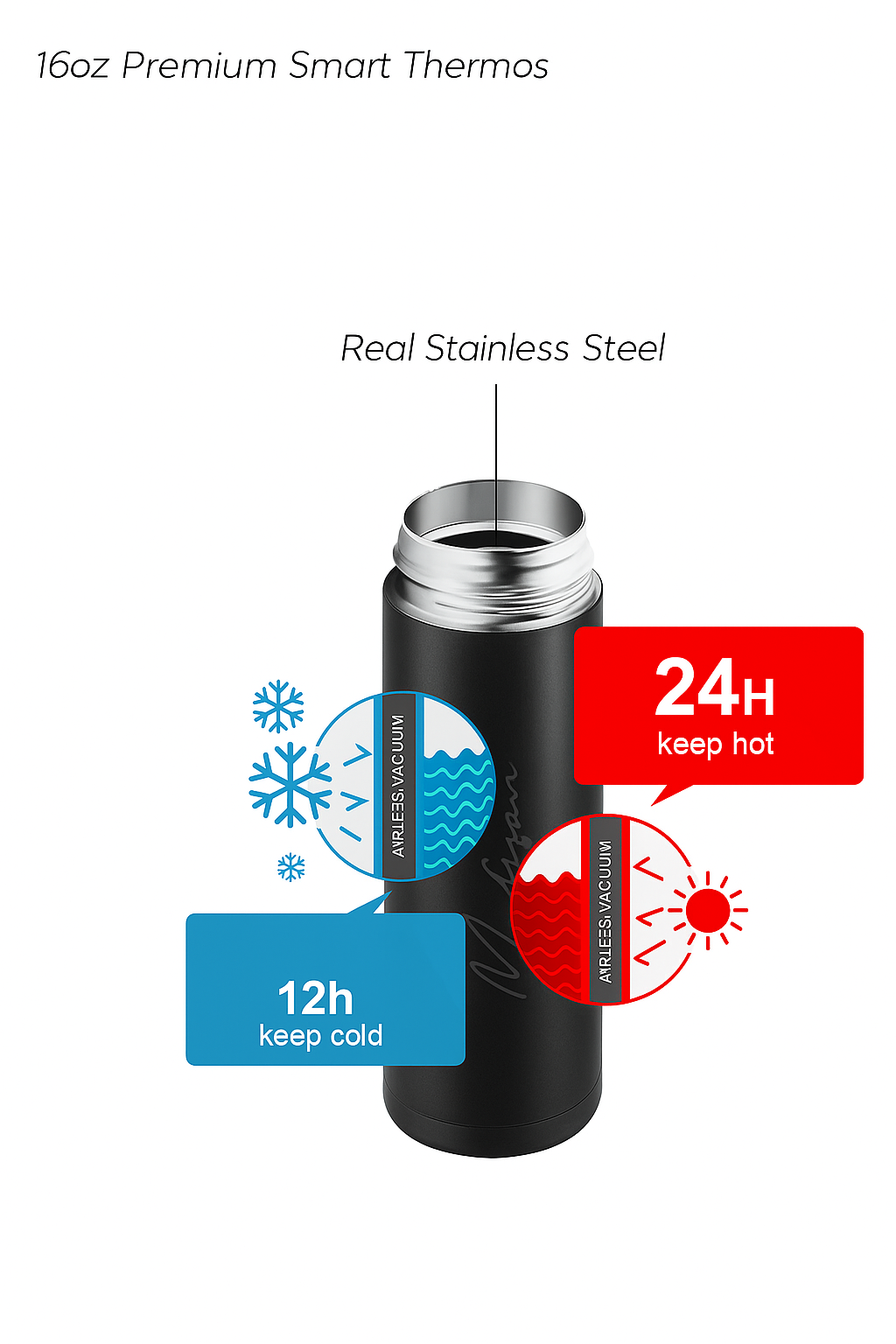 Premium 16oz Smart Thermos – Customizable Laser Engraved, Colorful Stainless Steel Travel Bottle