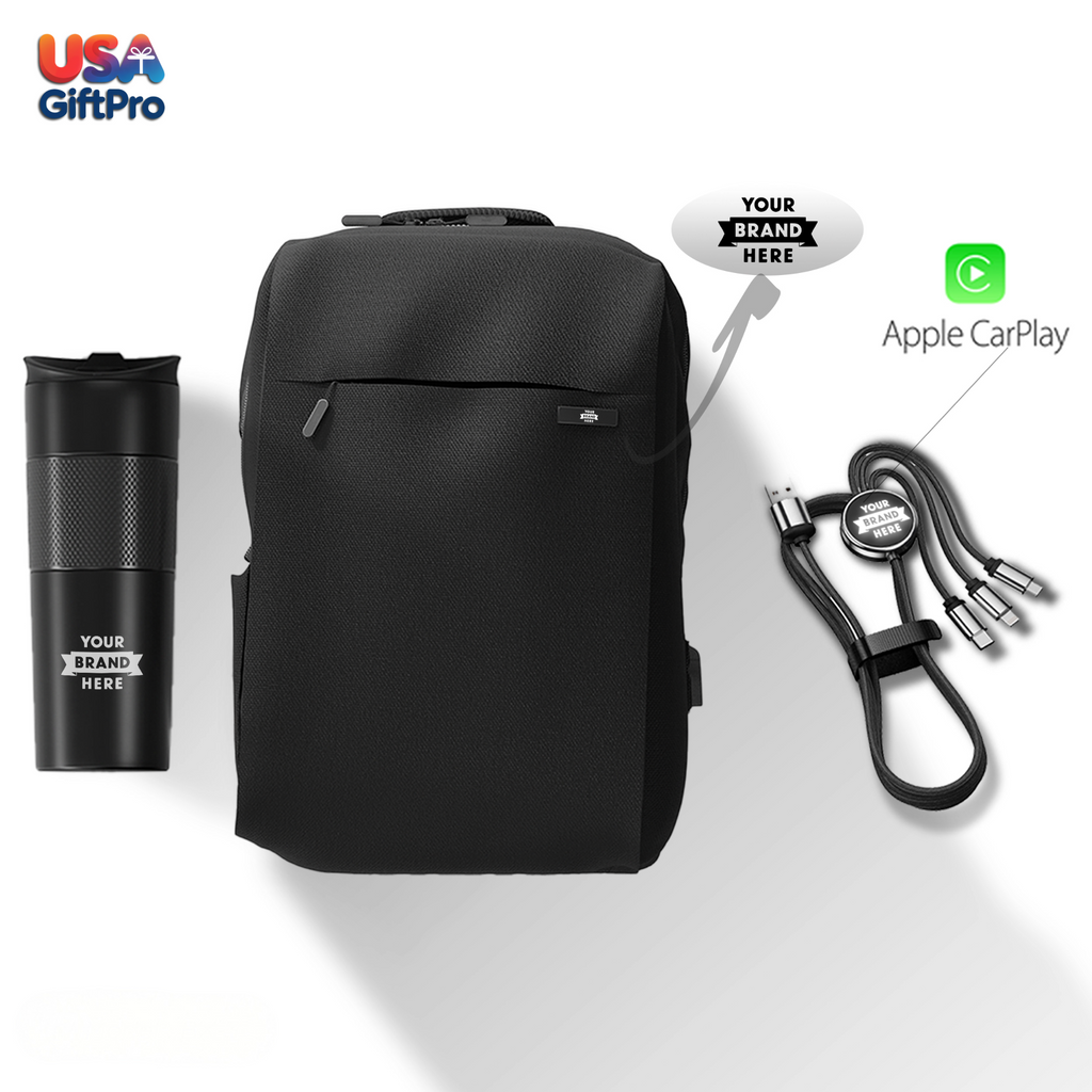 Premium Tech Customizable Backpack Gift Set – Includes Backpack, 18oz Tumbler & 3-in-1 Charging Cable BX-3
