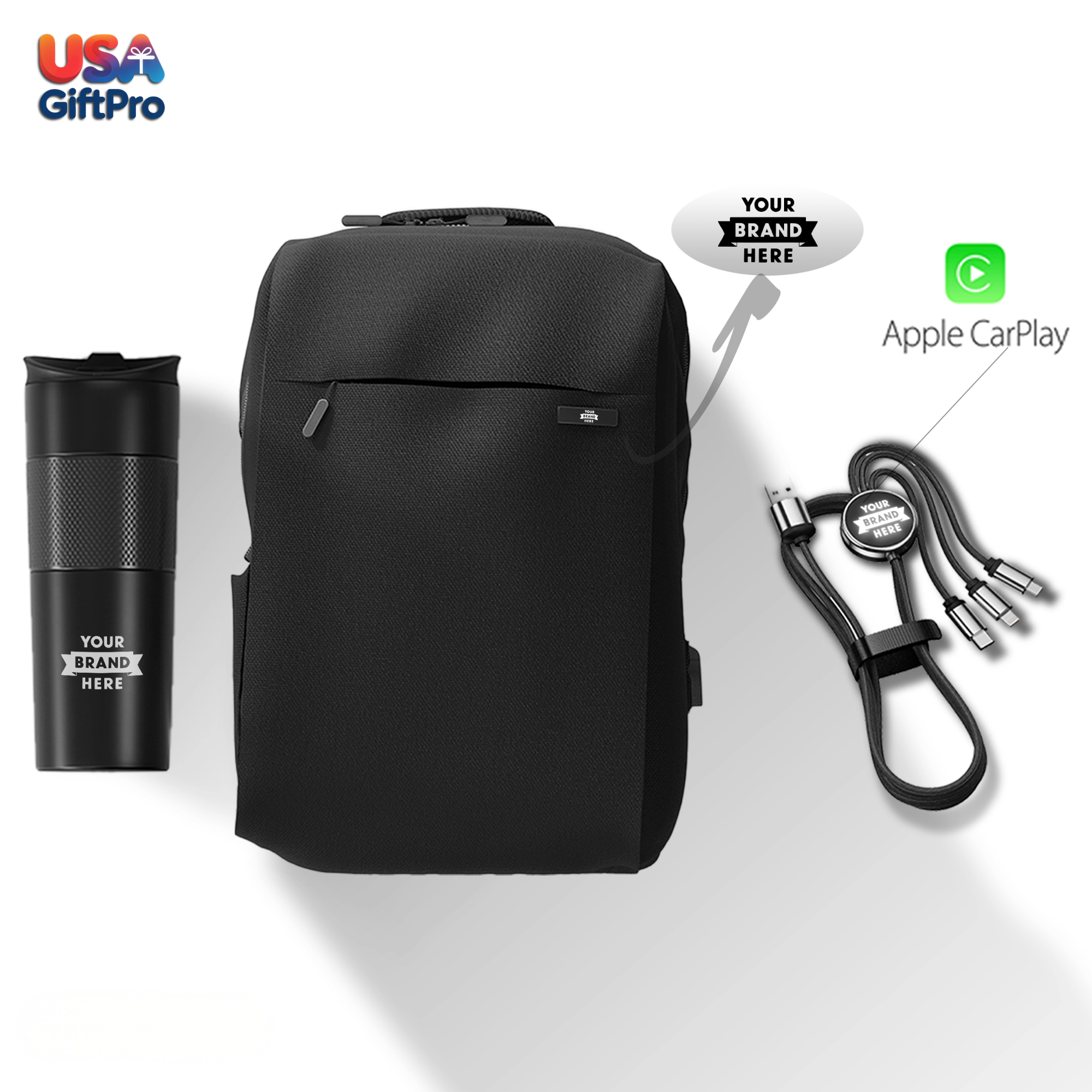 Premium Tech Customizable Backpack Gift Set – Includes Backpack, 18oz Tumbler & 3-in-1 Charging Cable BX-3