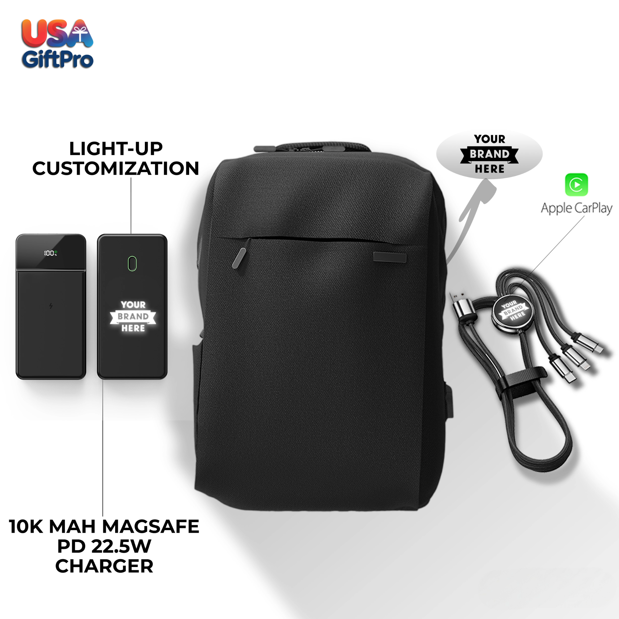 Premium Tech Customizable Backpack Gift Set – Includes Backpack, 10,000mAh Wireless MagSafe Power Bank & 3-in-1 Charging Cable BX-5