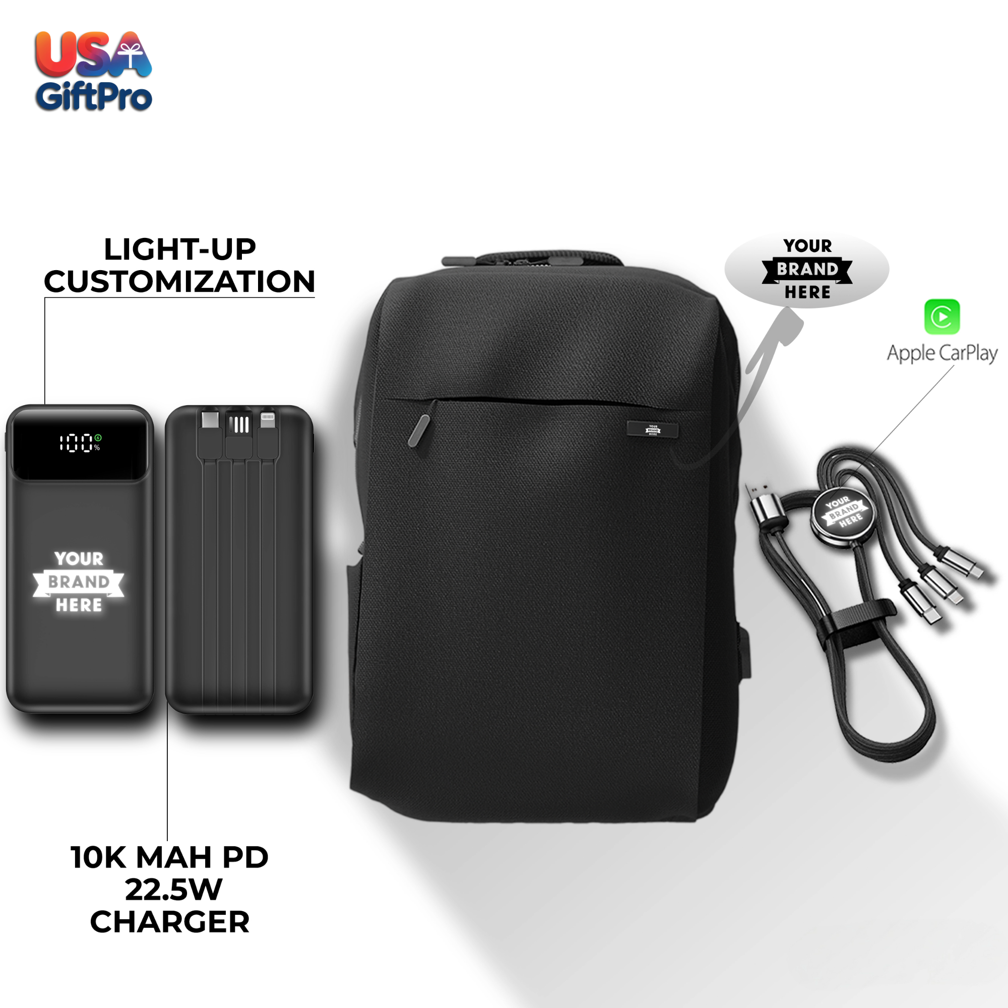 Premium Tech Customizable Backpack Gift Set – Includes Backpack, 10,000mAh Power Bank & 3-in-1 Charging Cable BX-6