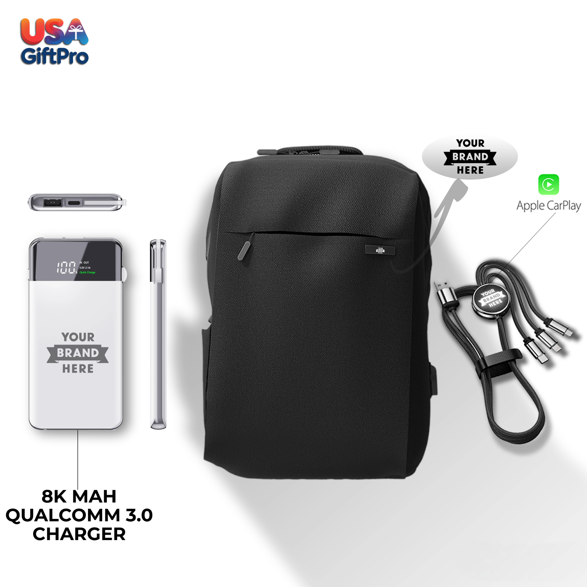 Premium Tech Customizable Backpack Gift Set – Includes Backpack, 8,000mAh Qualcomm 3.0 Power Bank & 3-in-1 Charging Cable BX-7