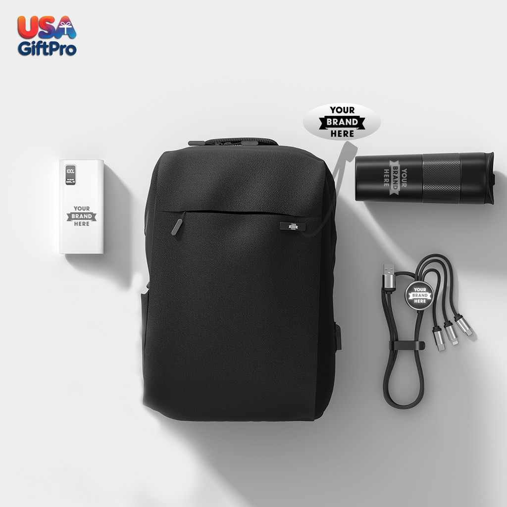 Premium Tech Customizable Backpack Gift Set – Includes Backpack, 20,000mAh Power Bank, 18oz Tumbler, Headphones & 3-in-1 Charging Cable BX-2