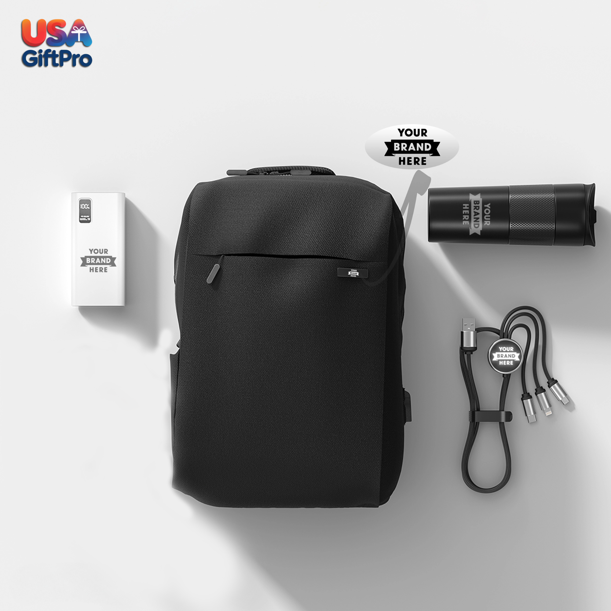 Premium Tech Customizable Backpack Gift Set – Includes Backpack, 20,000mAh Power Bank, 18oz Tumbler, Headphones & 3-in-1 Charging Cable BX-2