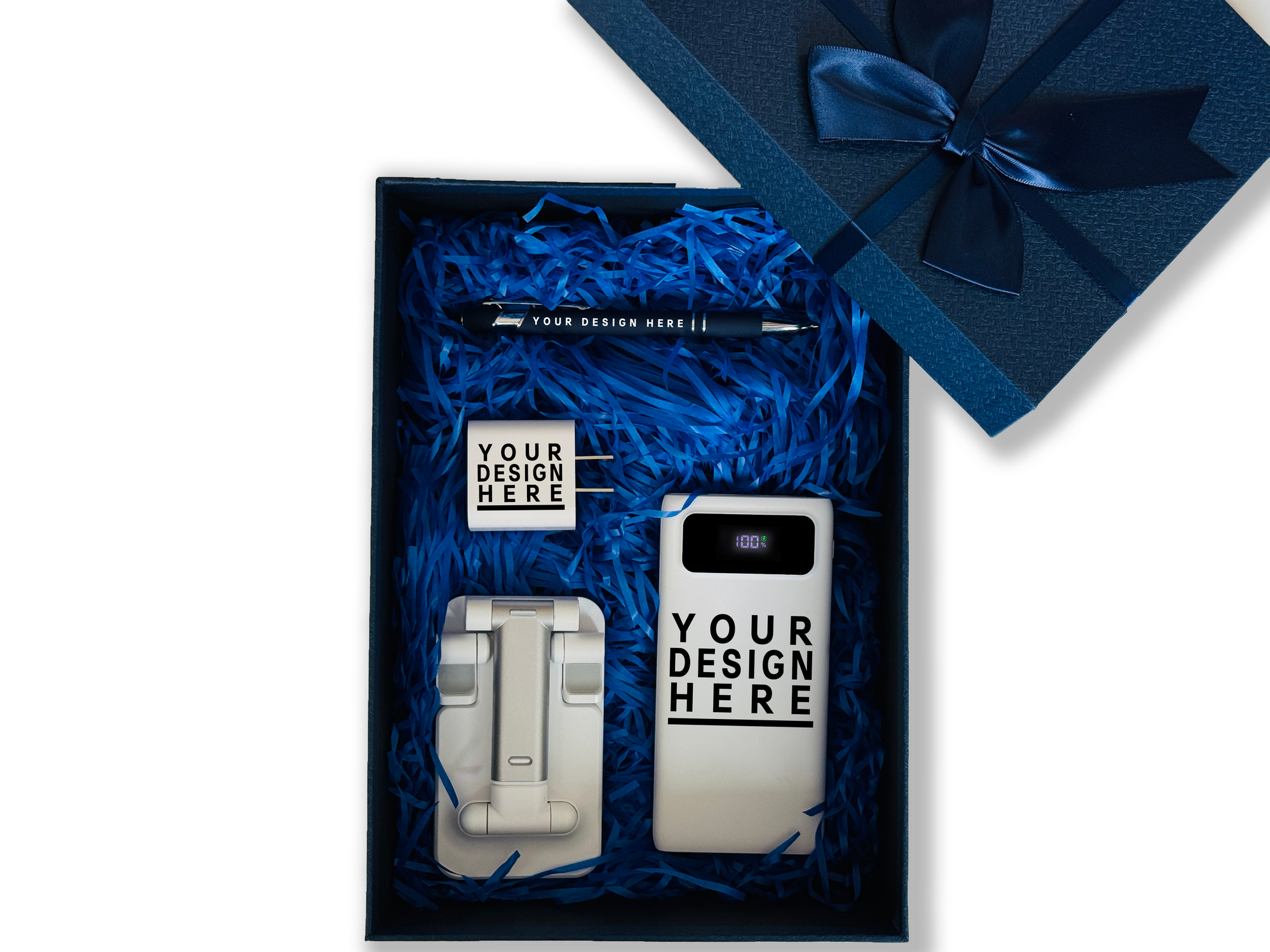 Compact Office Customizable Tech Set – Includes Power Bank, Pen, Wall Charger & Phone Stand