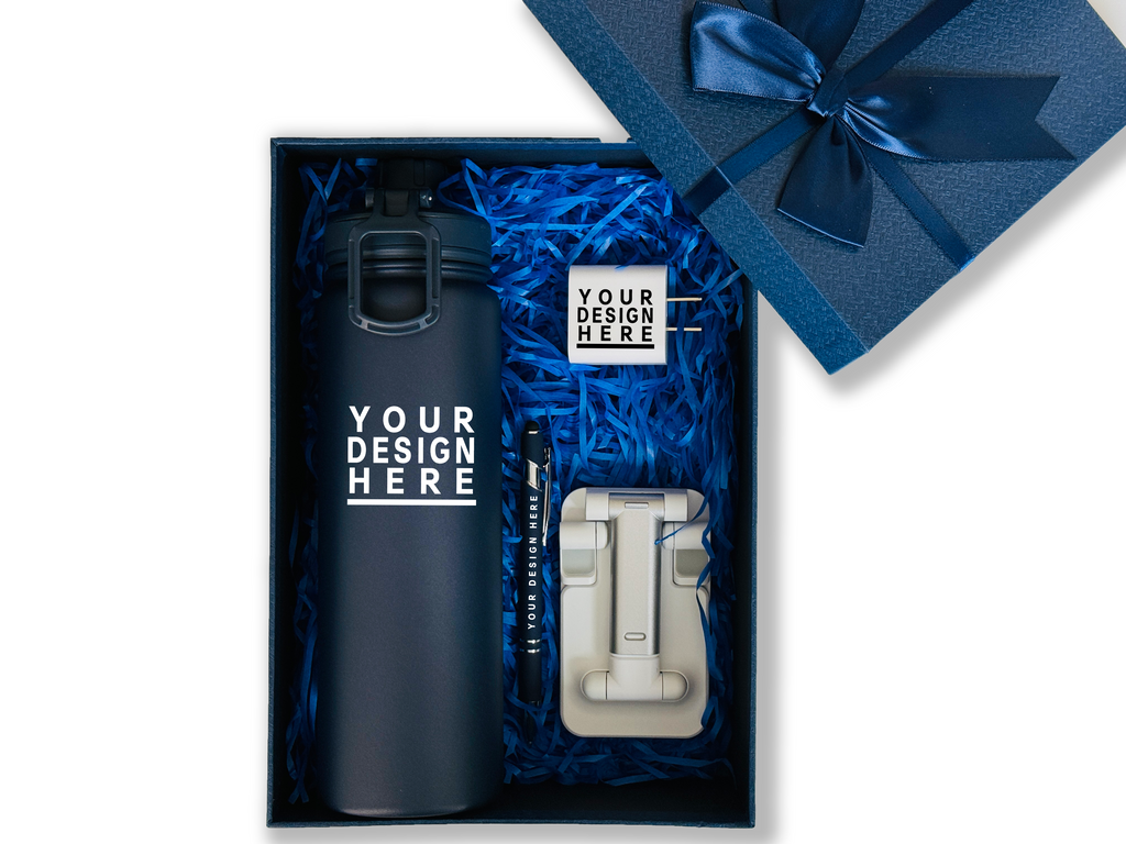 Essential Custom Customizable Gift Set – Includes Thermos, Pen, Wall Charger & Phone Stand CB-30