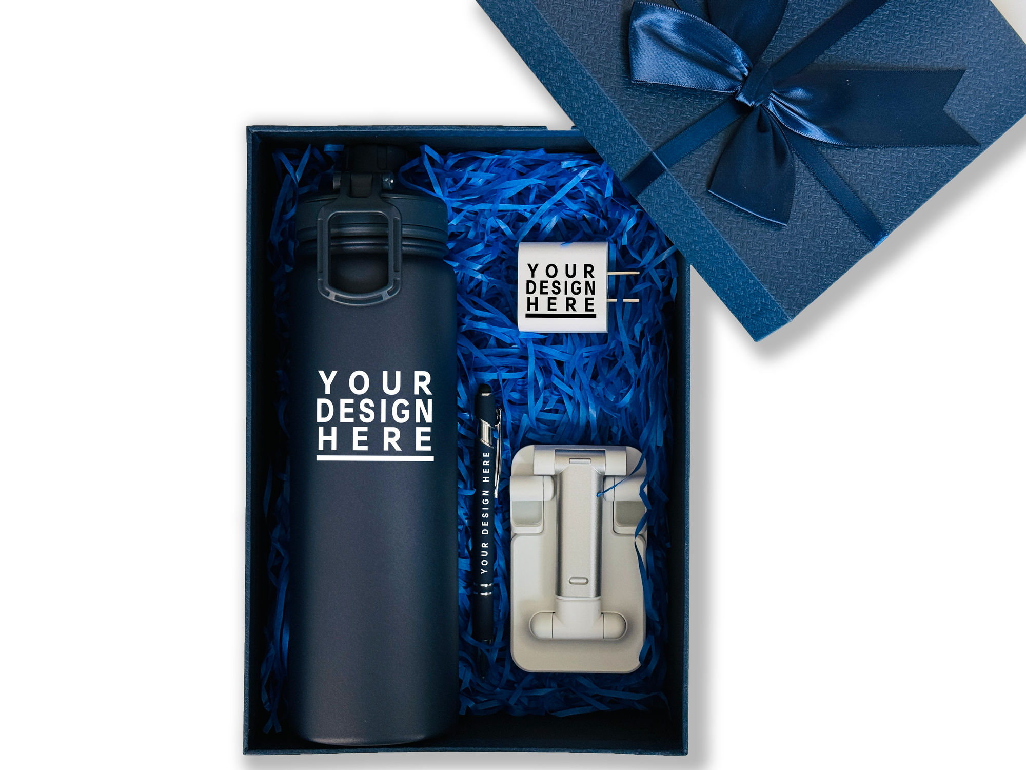 Essential Custom Customizable Gift Set – Includes Thermos, Pen, Wall Charger & Phone Stand CB-30