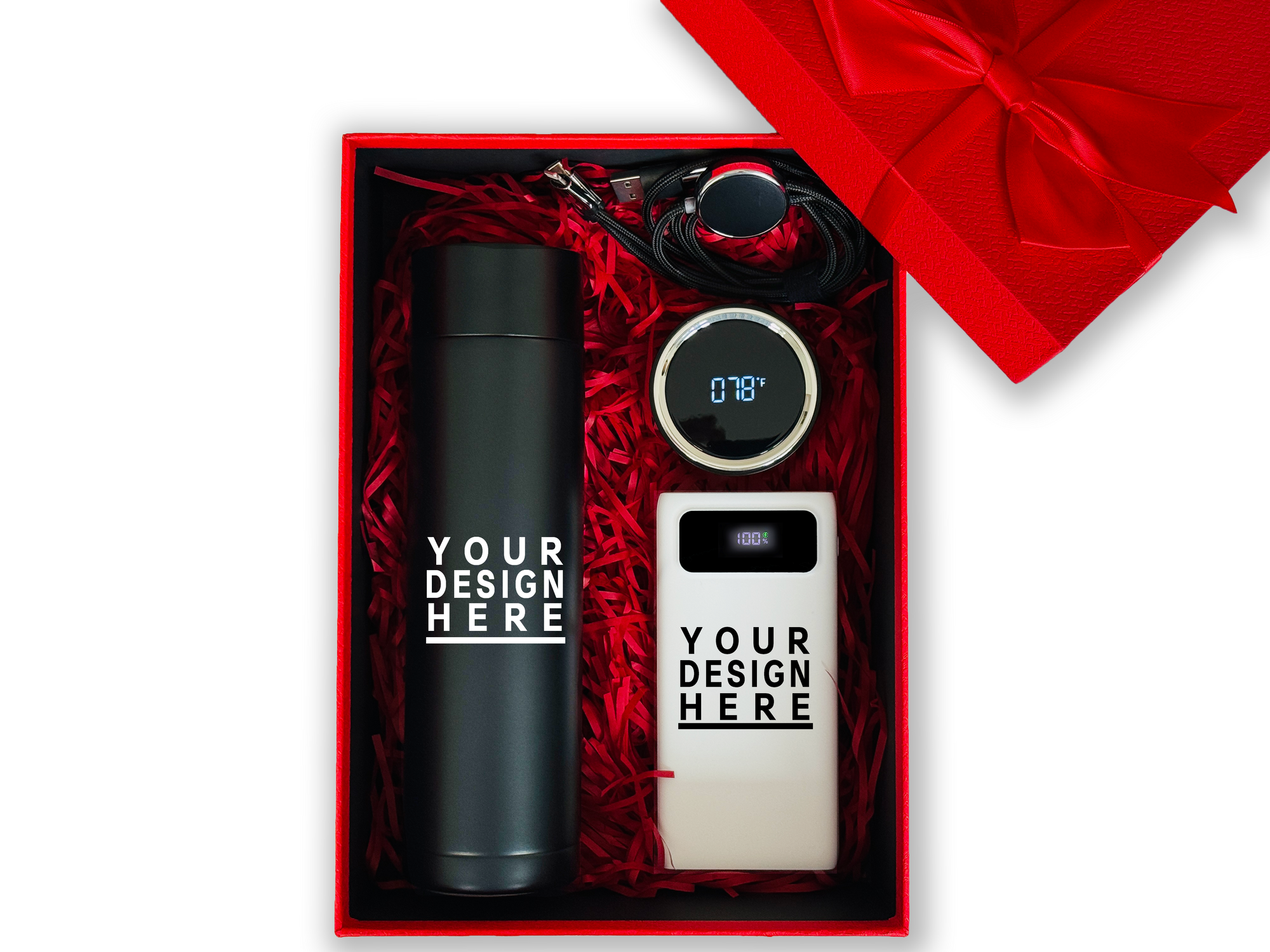 Red Smart Customizable Gift Set – Includes Thermos, Power Bank & Charging Cable CB-5