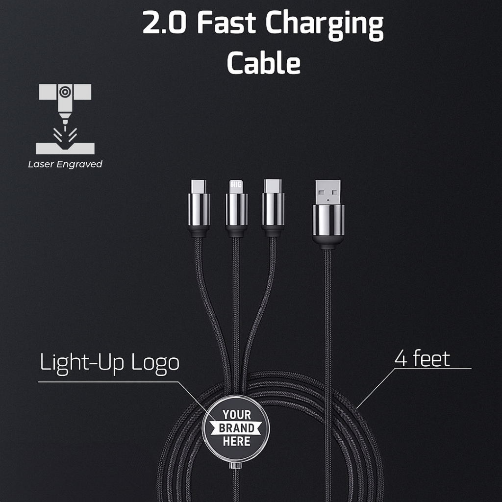 3-in-1 Light-Up Charging Cable – Customizable Fabric Material, USB-C, iOS & Micro Outputs