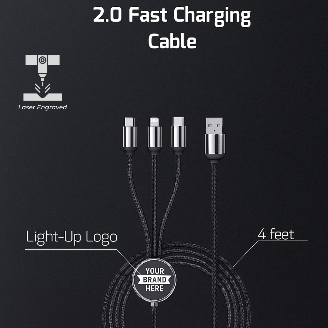 3-in-1 Light-Up Charging Cable – Customizable Fabric Material, USB-C, iOS & Micro Outputs