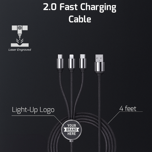 3-in-1 Light-Up Charging Cable – Customizable Fabric Material, USB-C, iOS & Micro Outputs