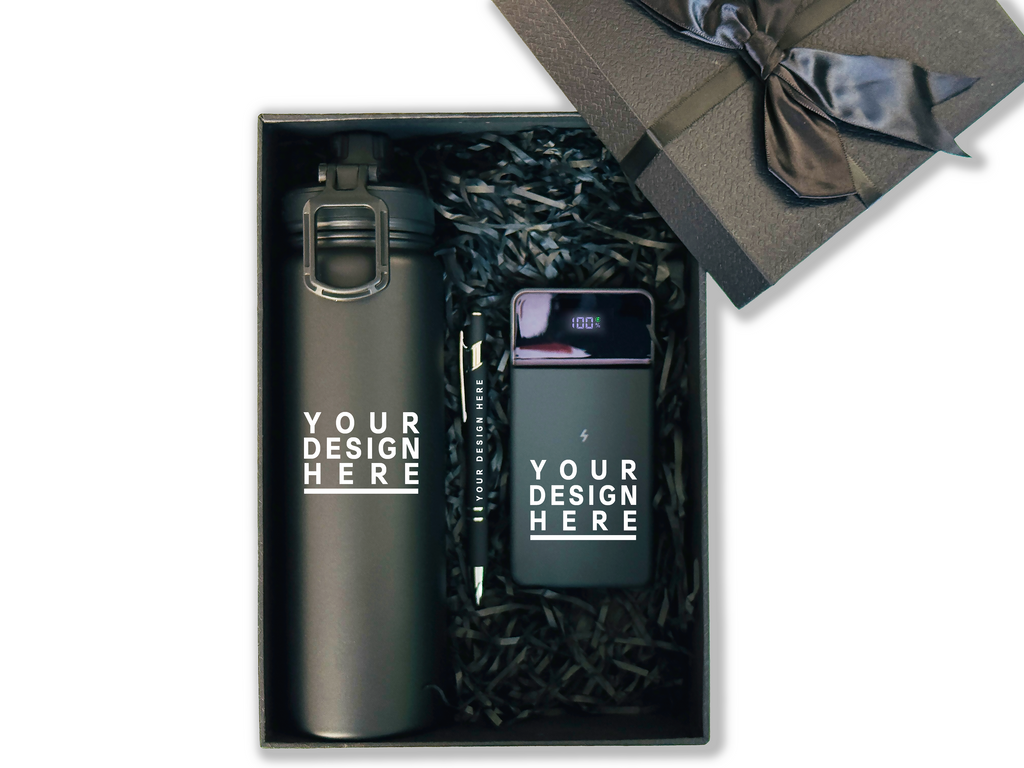 Premium Black Customizable Gift Set – Insulated Thermos, Fast-Charge Power Bank, and Metal Pen CB-1