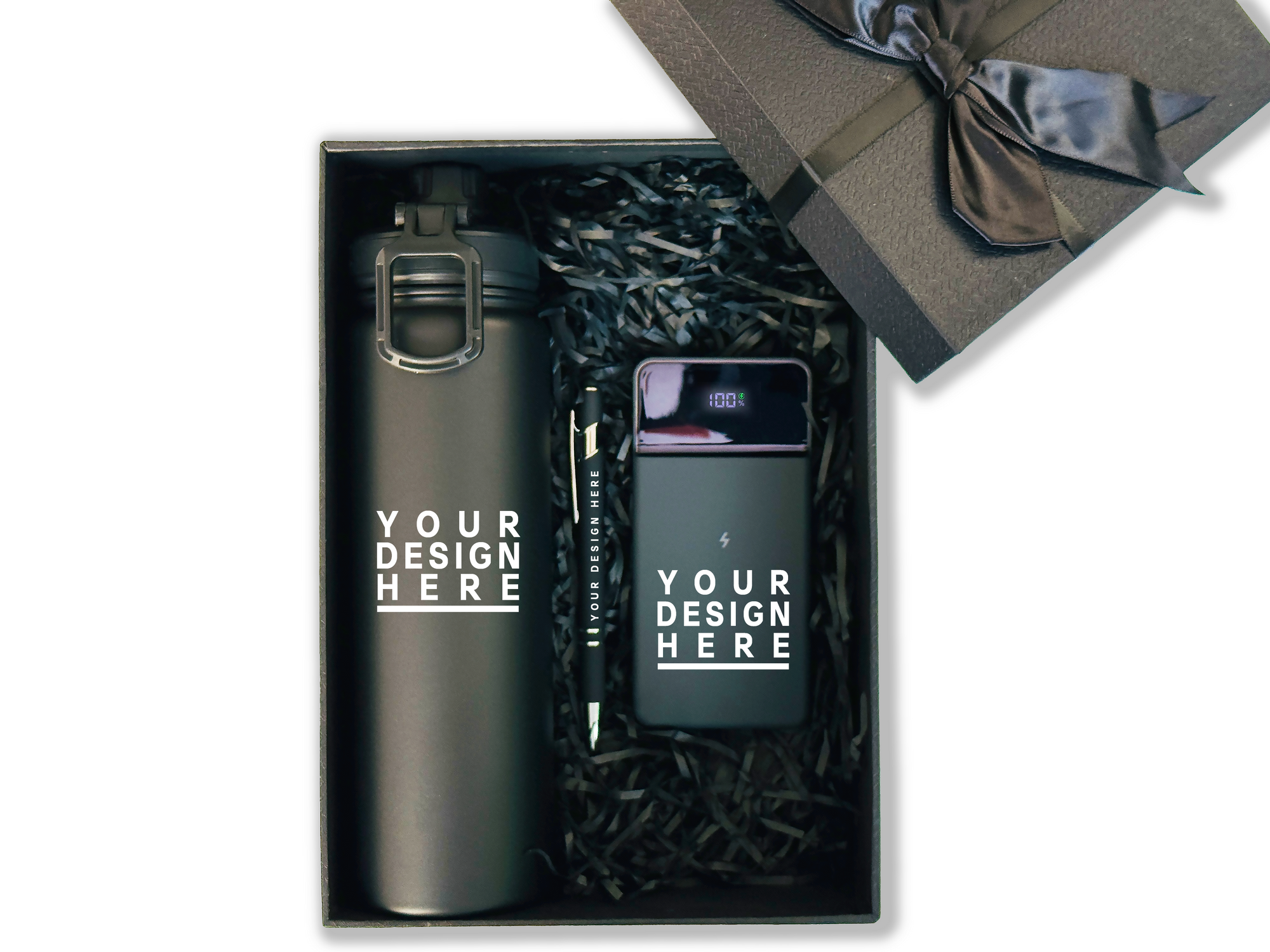 Premium Black Customizable Gift Set – Insulated Thermos, Fast-Charge Power Bank, and Metal Pen CB-1