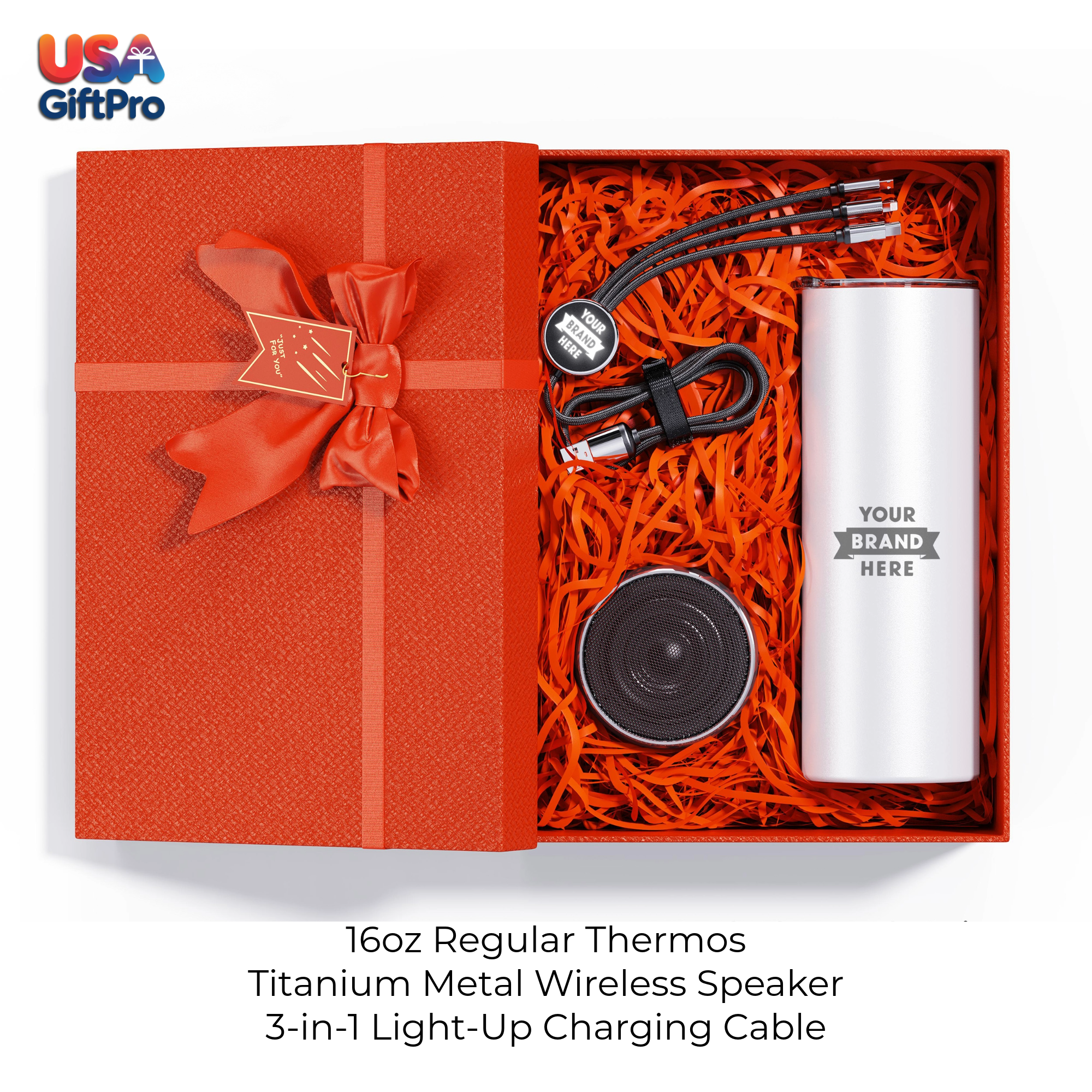 Corporate Customizable Gift Box – Includes 16oz Regular Thermos, Titanium Metal Wireless Speaker & 3-in-1 Charging Cable GB-10