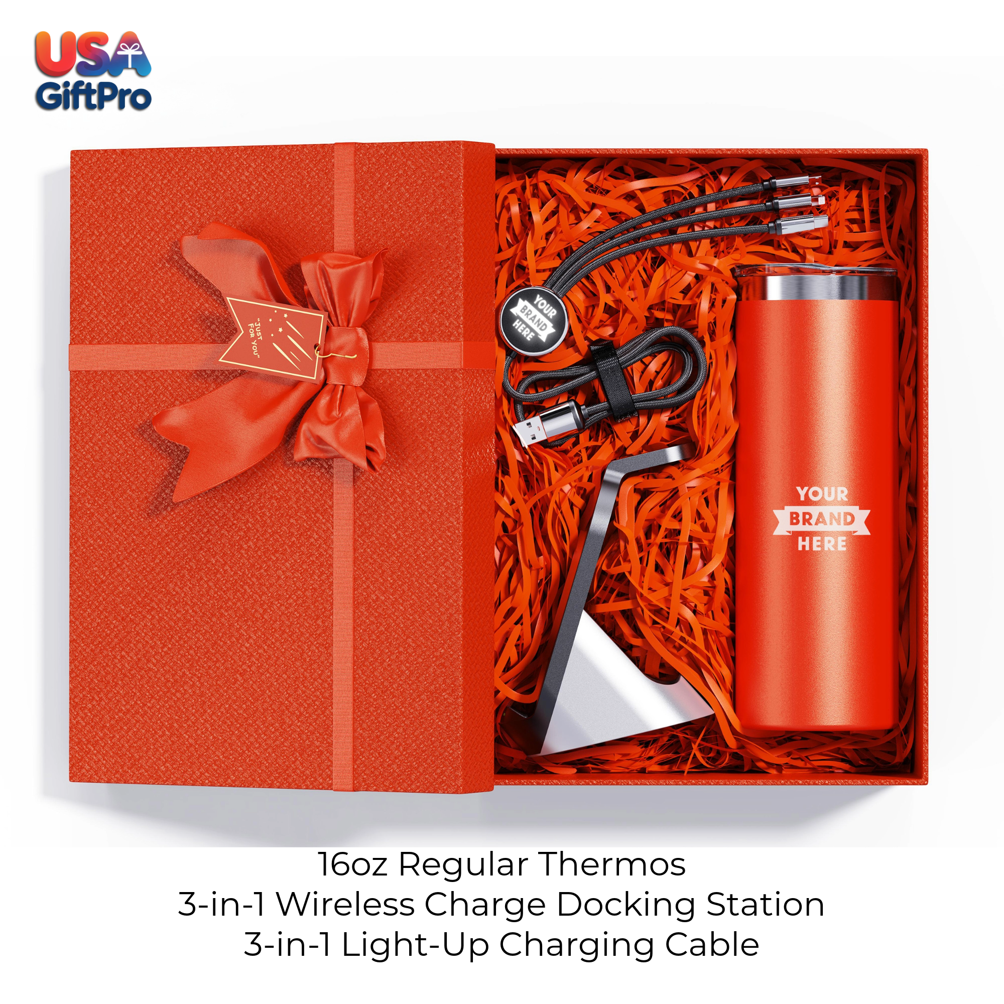 Corporate Customizable Gift Box – Includes 16oz Regular Thermos, 3-in-1 Wireless Charge Docking Station & 3-in-1 Charging Cable GB-11