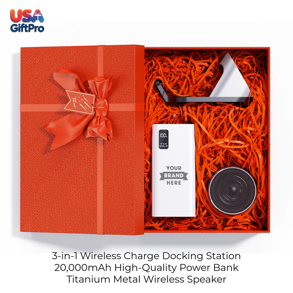 Corporate Customizable Gift Box – Includes 20,000mAh Power Bank, 3-in-1 Wireless Charge Docking Station & Titanium Metal Wireless Speaker GB-14