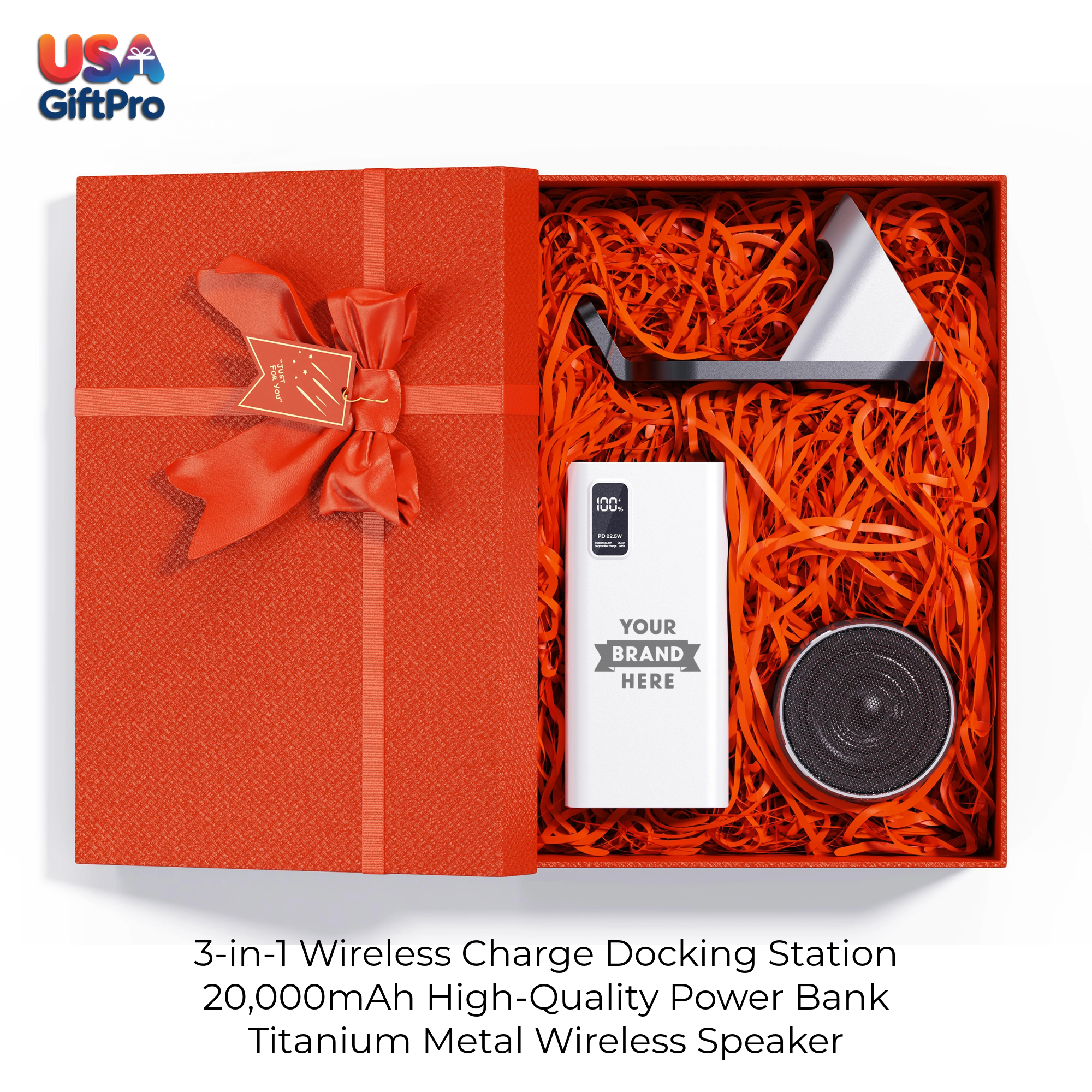 Corporate Customizable Gift Box – Includes 20,000mAh Power Bank, 3-in-1 Wireless Charge Docking Station & Titanium Metal Wireless Speaker GB-14
