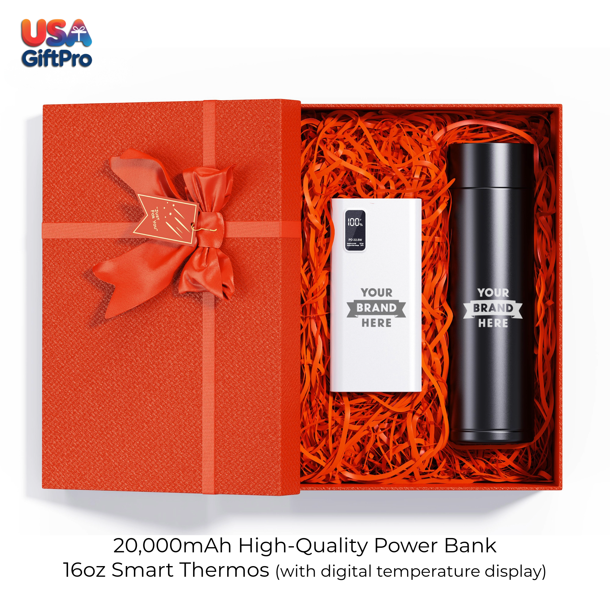 Corporate Customizable Gift Box – Includes 20,000mAh Power Bank & 16oz Smart Thermos GB-2