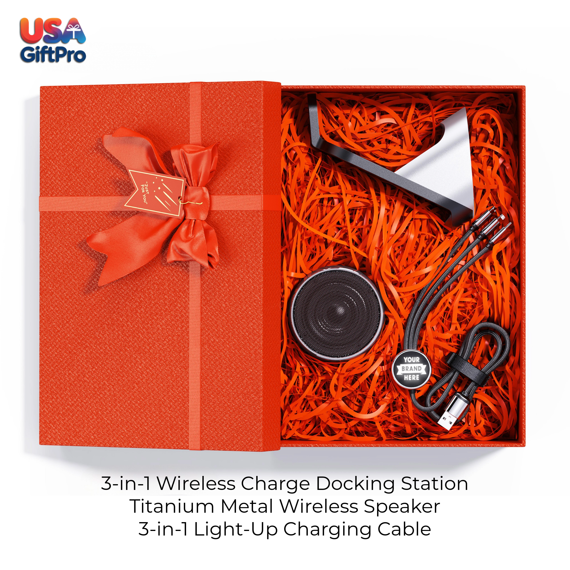 Corporate Customizable Gift Box – Includes 3-in-1 Wireless Charge Docking Station, Titanium Metal Wireless Speaker & 3-in-1 Charging Cable GB-20