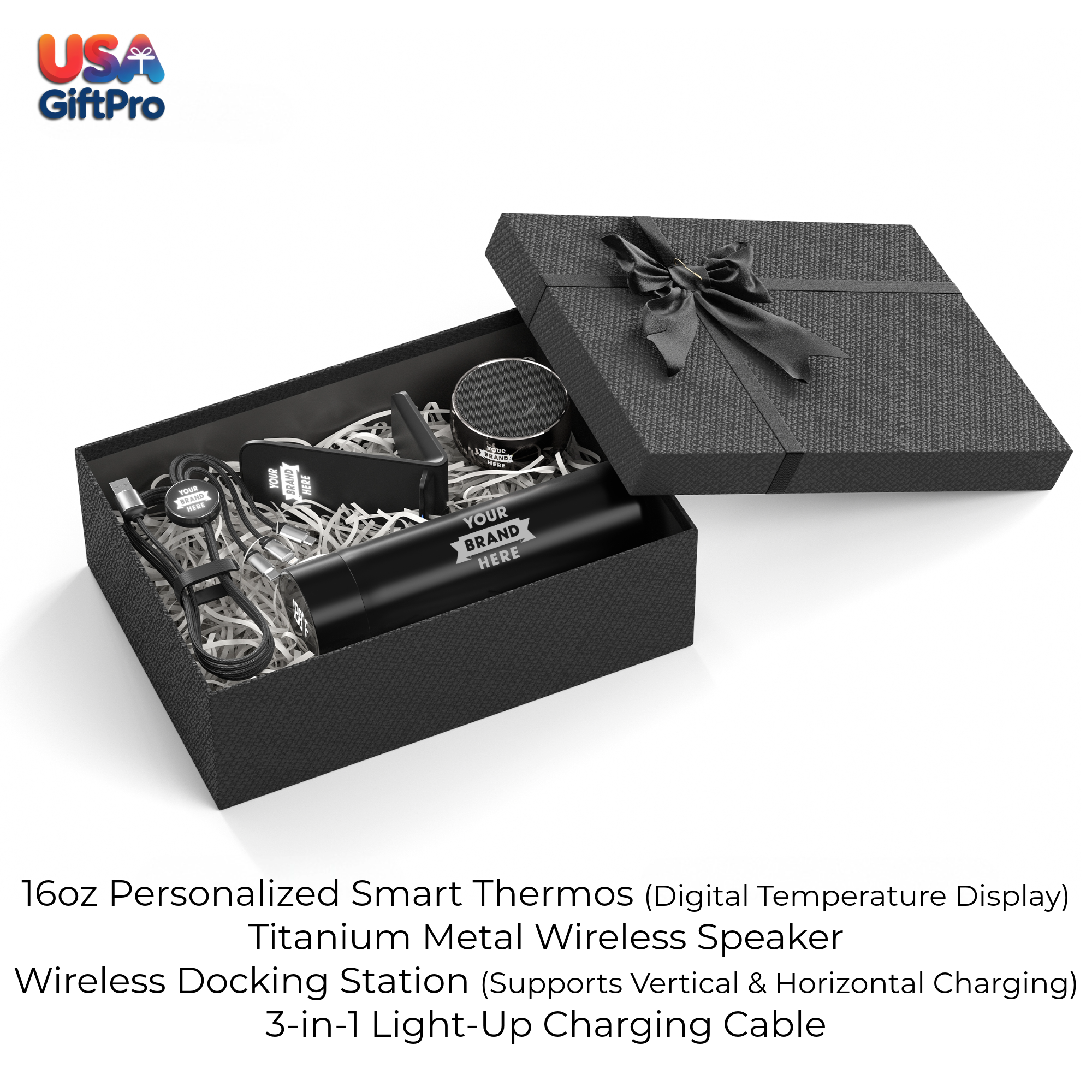 Corporate Customizable Gift Box – Includes 16oz Smart Thermos, Titanium Metal Wireless Speaker & Wireless Docking Station GB-22