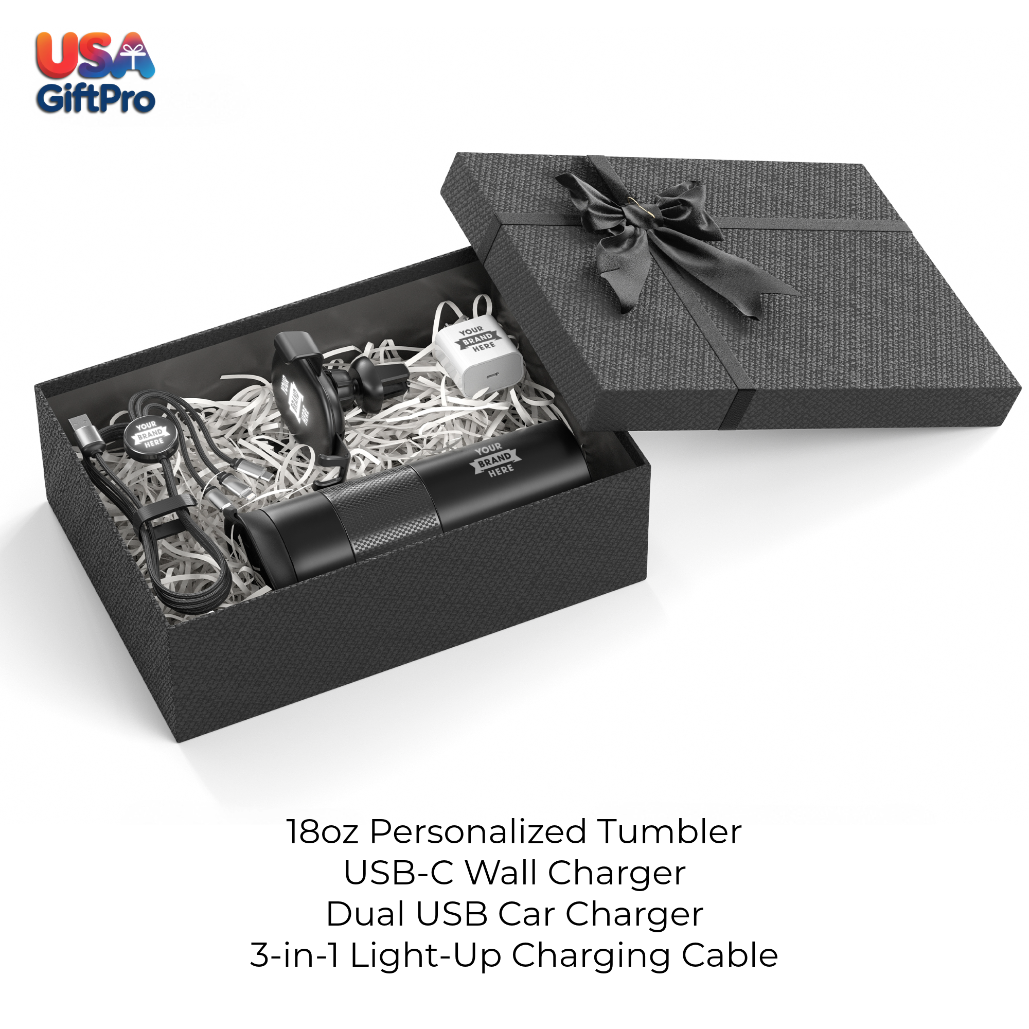 Corporate Customizable Gift Box – Includes 18oz Tumbler, USB-C Wall Charger, Dual USB Car Charger & 3-in-1 Charging Cable GB-23