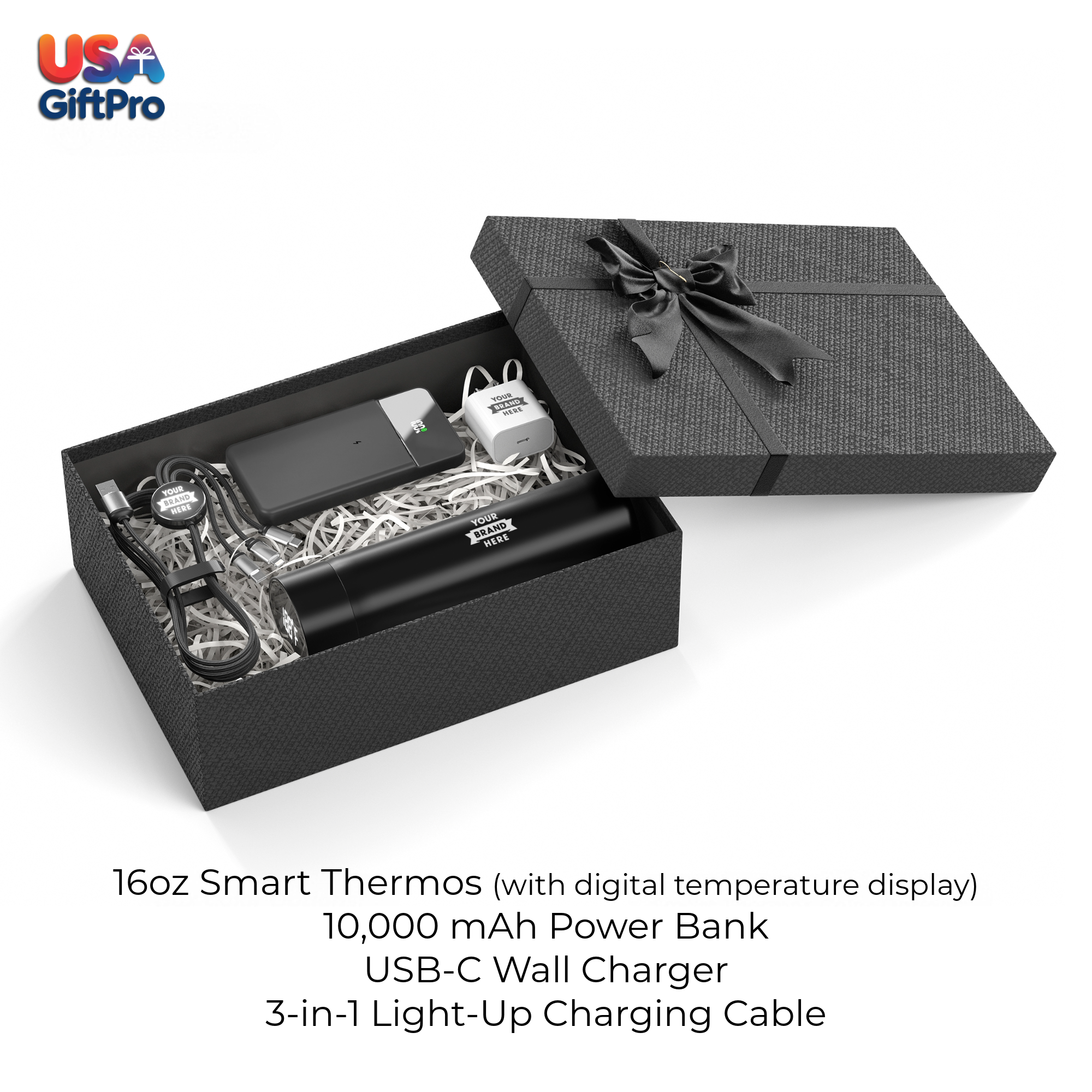 Corporate Customizable Gift Box – Includes 16oz Smart Thermos, 10,000 mAh Power Bank, USB-C Wall Charger & 3-in-1 Charging Cable GB-25