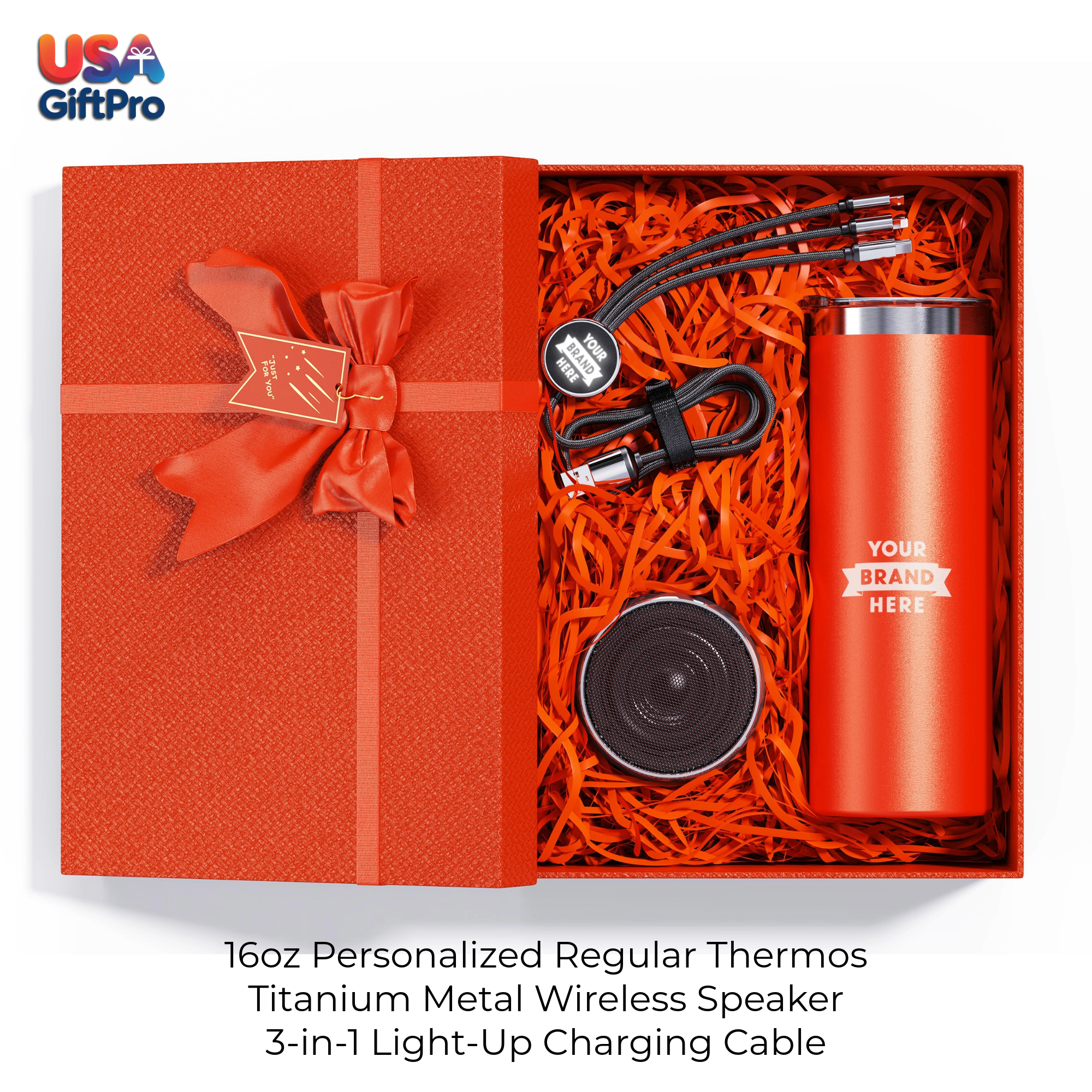 Corporate Customizable Gift Box – Includes 16oz Regular Thermos, Titanium Metal Wireless Speaker & 3-in-1 Charging Cable GB-4