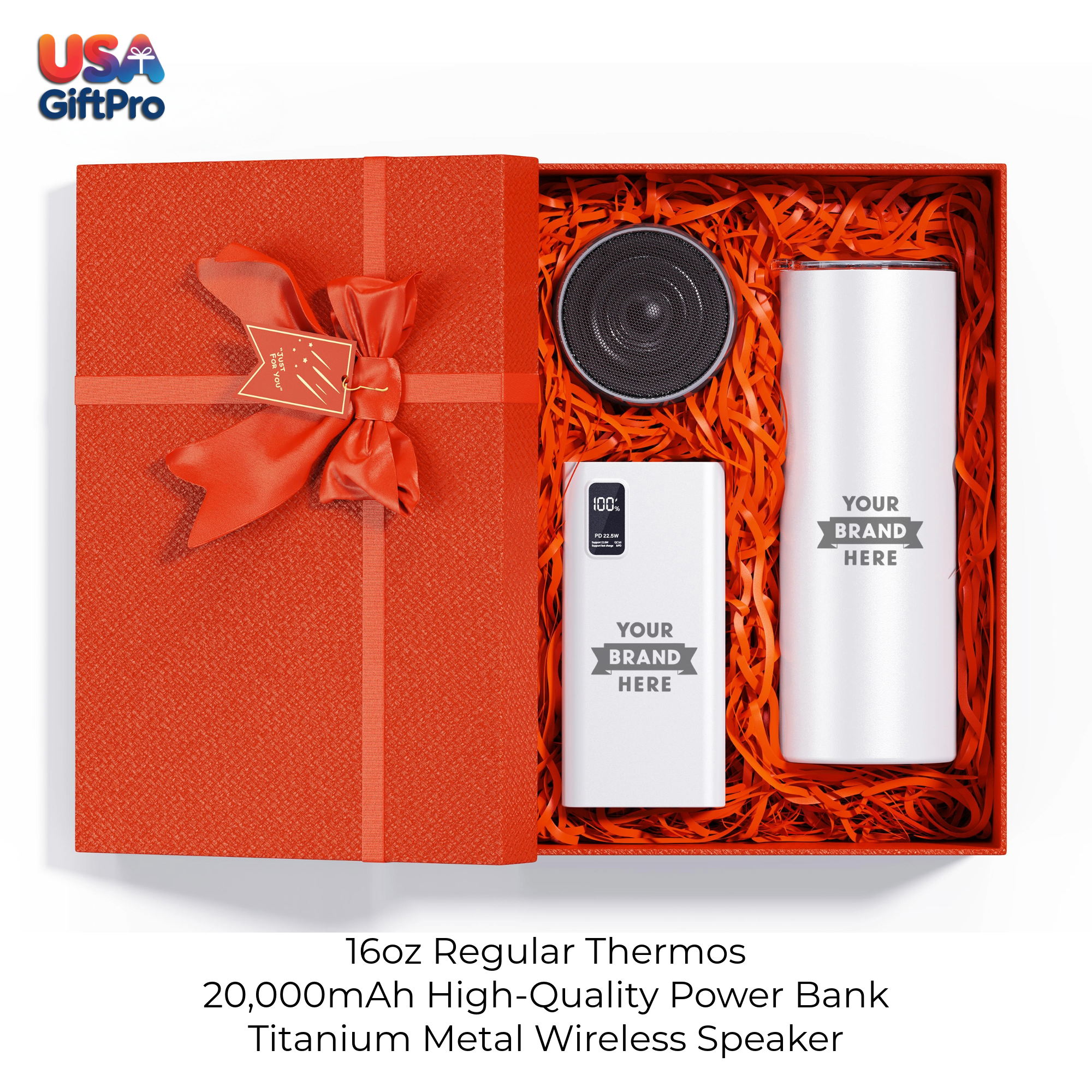 Corporate Customizable Gift Box – Includes 16oz Regular Thermos, 20,000mAh Power Bank & Titanium Metal Wireless Speaker GB-7